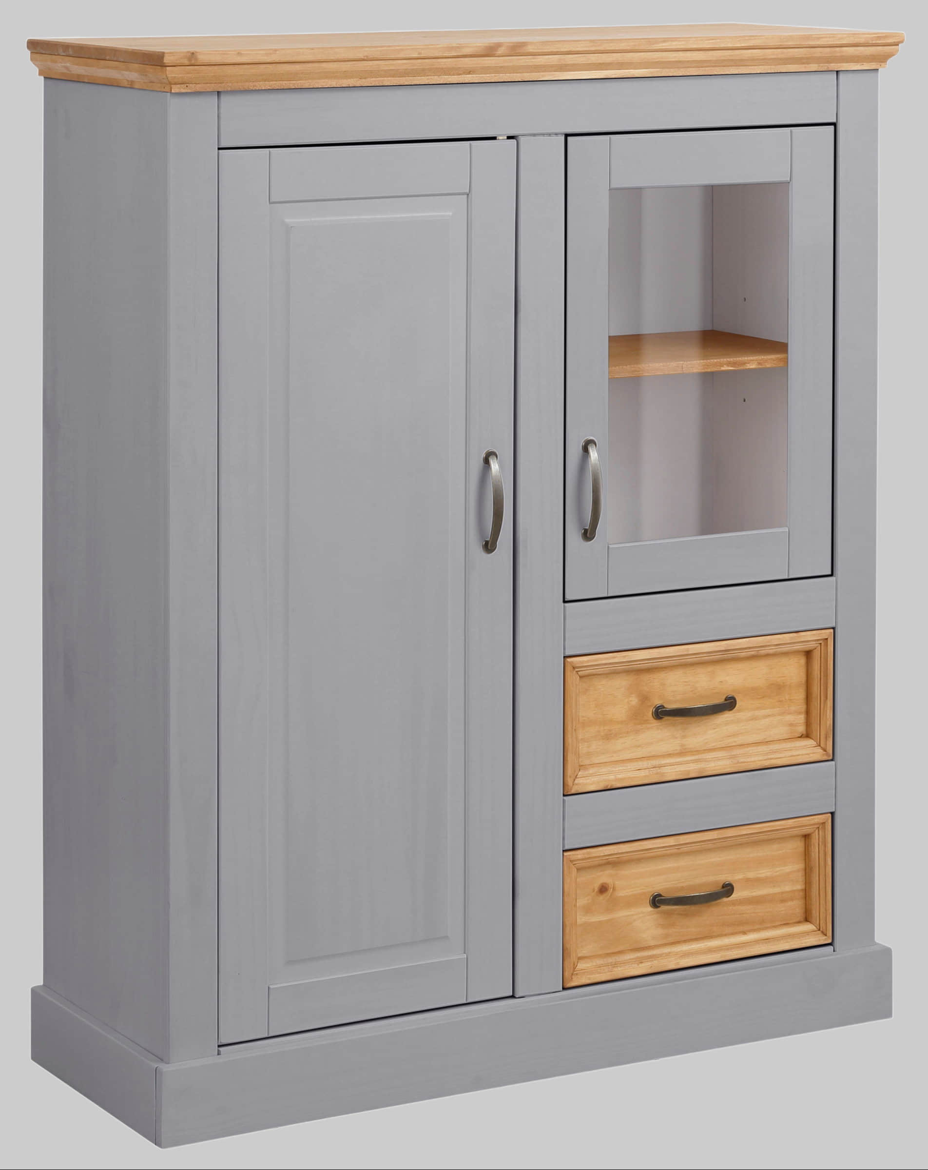 Home affaire Highboard »Selma« – Landhaus-Vitrine aus Massivholz, 100 cm Breite mit Glaseinsätzen & Metallgriffen grau/beize Home affaire Kommoden & Sideboards