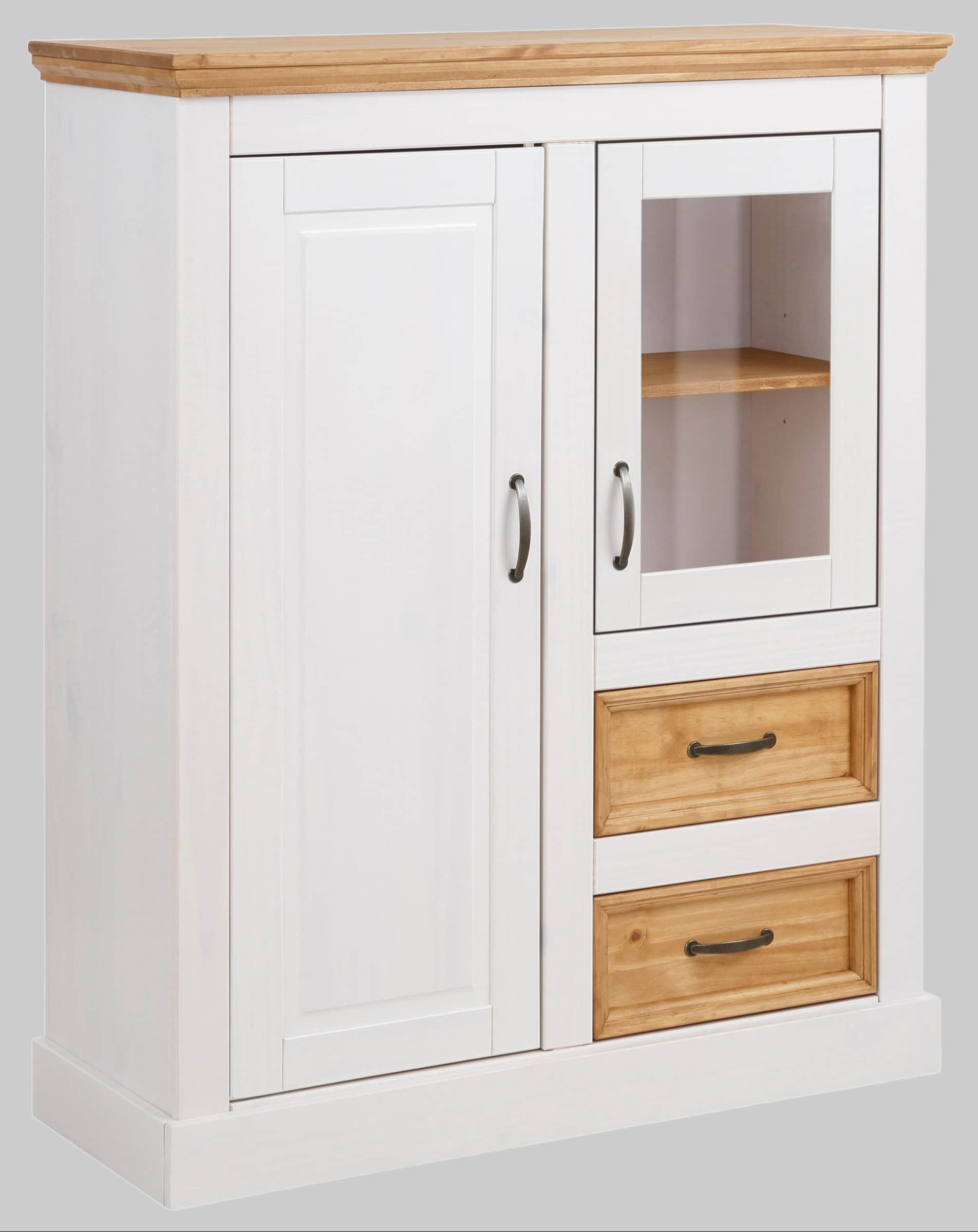 Home affaire Kommoden & Sideboards Home affaire Highboard »Selma« – Landhaus-Vitrine aus Massivholz, 100 cm Breite mit Glaseinsätzen & Metallgriffen weiß/beize