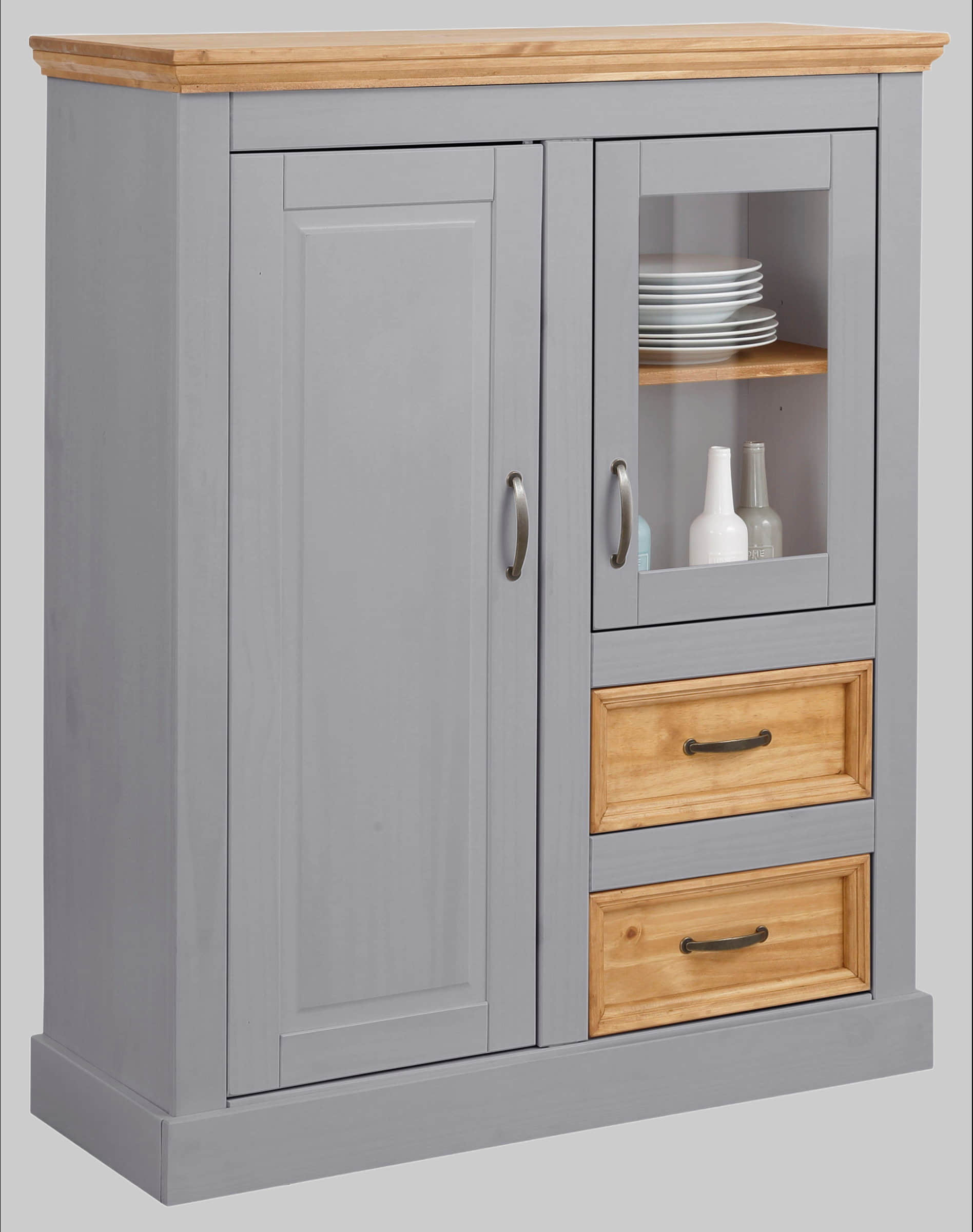 Home affaire Highboard »Selma« – Landhaus-Vitrine aus Massivholz, 100 cm Breite mit Glaseinsätzen & Metallgriffen grau/beize Home affaire Kommoden & Sideboards