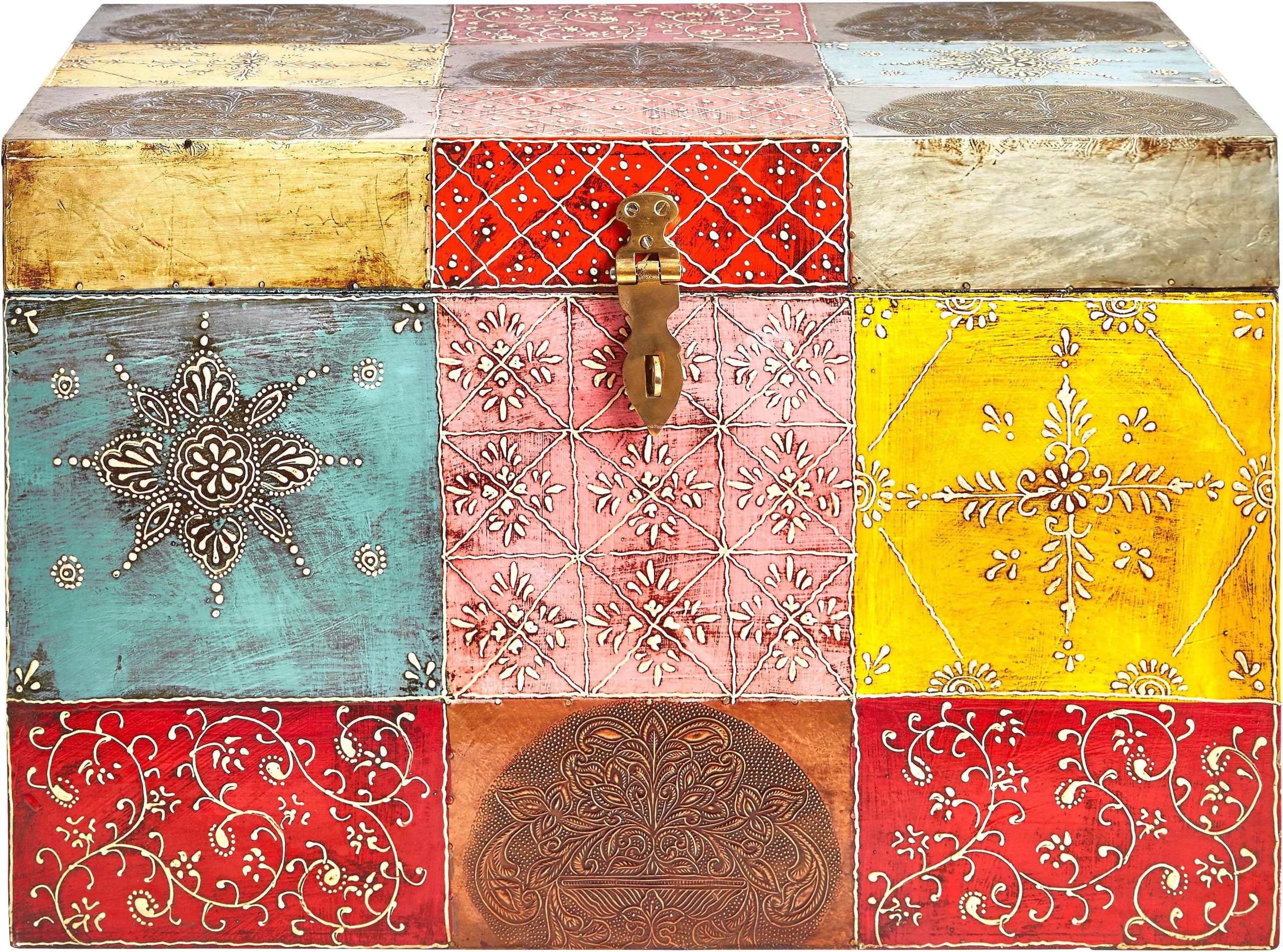 Home affaire Mangoholz Truhe - Handbemalte Vintage Truhe mit Metallgriffen & Schloss (120x60x45 cm) - Hochwertige Aufbewahrungstruhe Home affaire Aufbewahrung