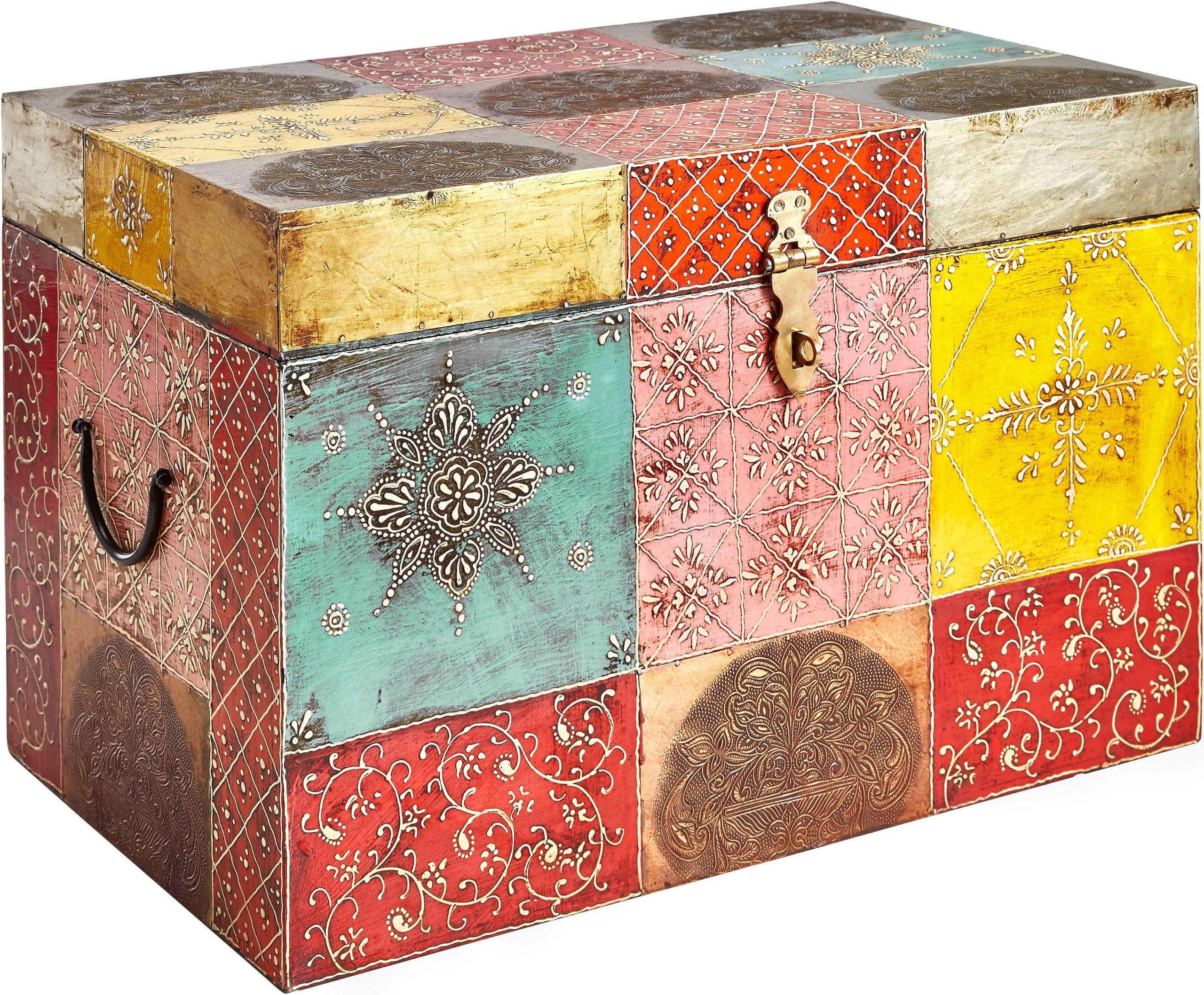 Home affaire Mangoholz Truhe - Handbemalte Vintage Truhe mit Metallgriffen & Schloss (120x60x45 cm) - Hochwertige Aufbewahrungstruhe Home affaire Aufbewahrung