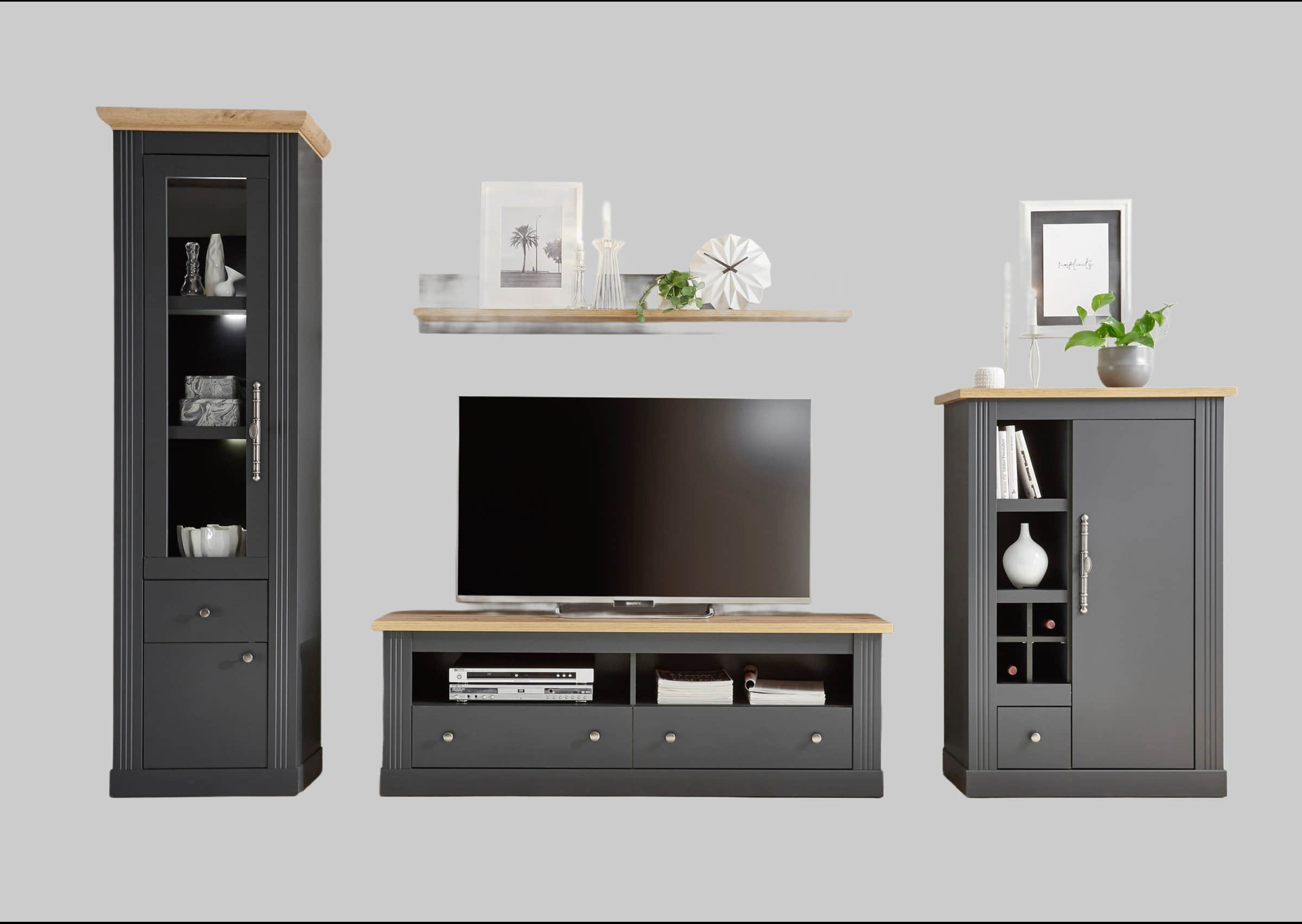 Home affaire Westminster 4-Piece Living Room Set - Country Style Display Cabinet, Chest, Lowboard & Wall Shelf | FSC® Certified Grau dunke Home affaire Wohnwände