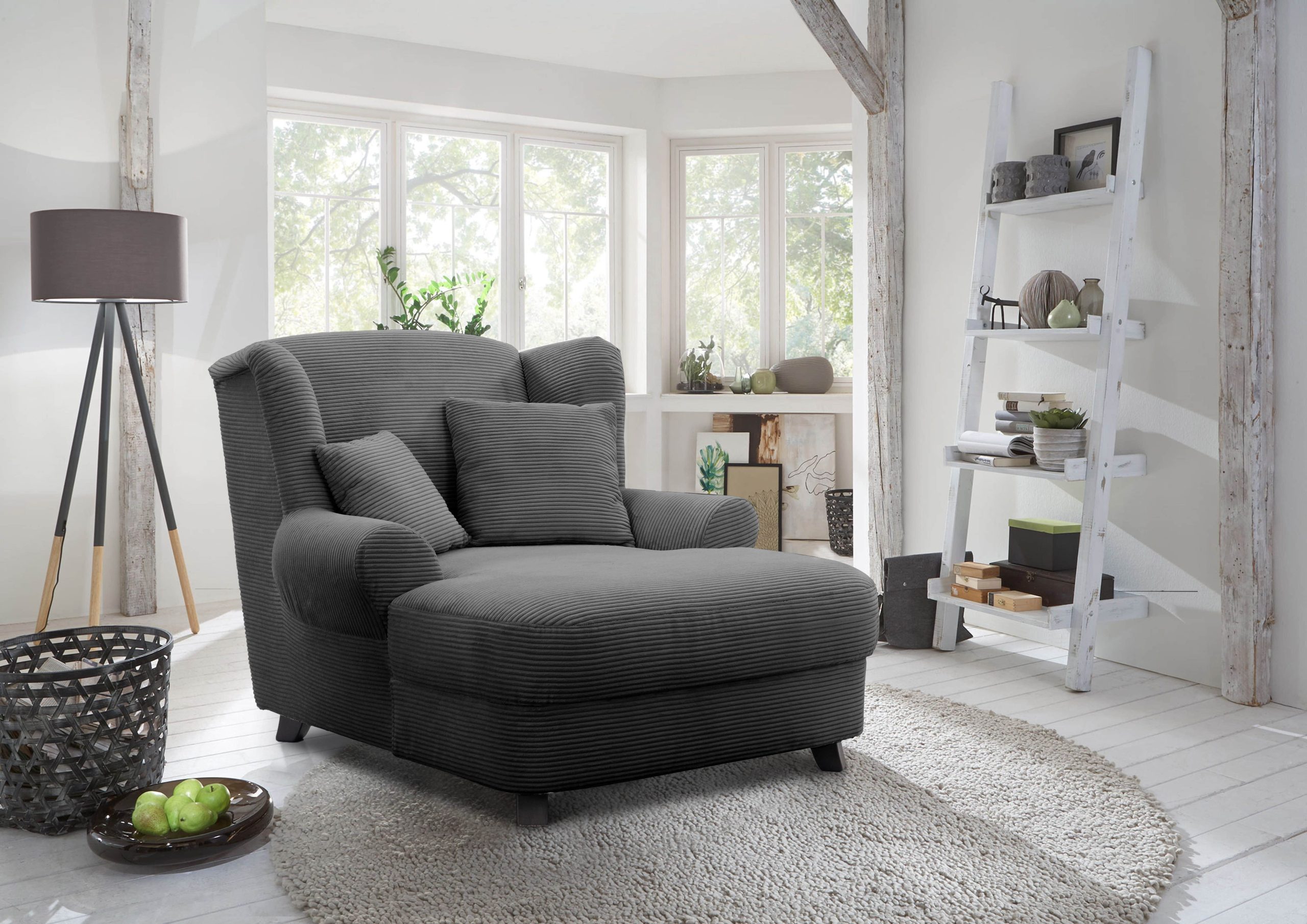 Home affaire XXL-Sessel »Oase« mit Wellenunterfederung & 2 Zierkissen – Landhausdesign Massivholz Sitzmöbel grau Home affaire Sessel