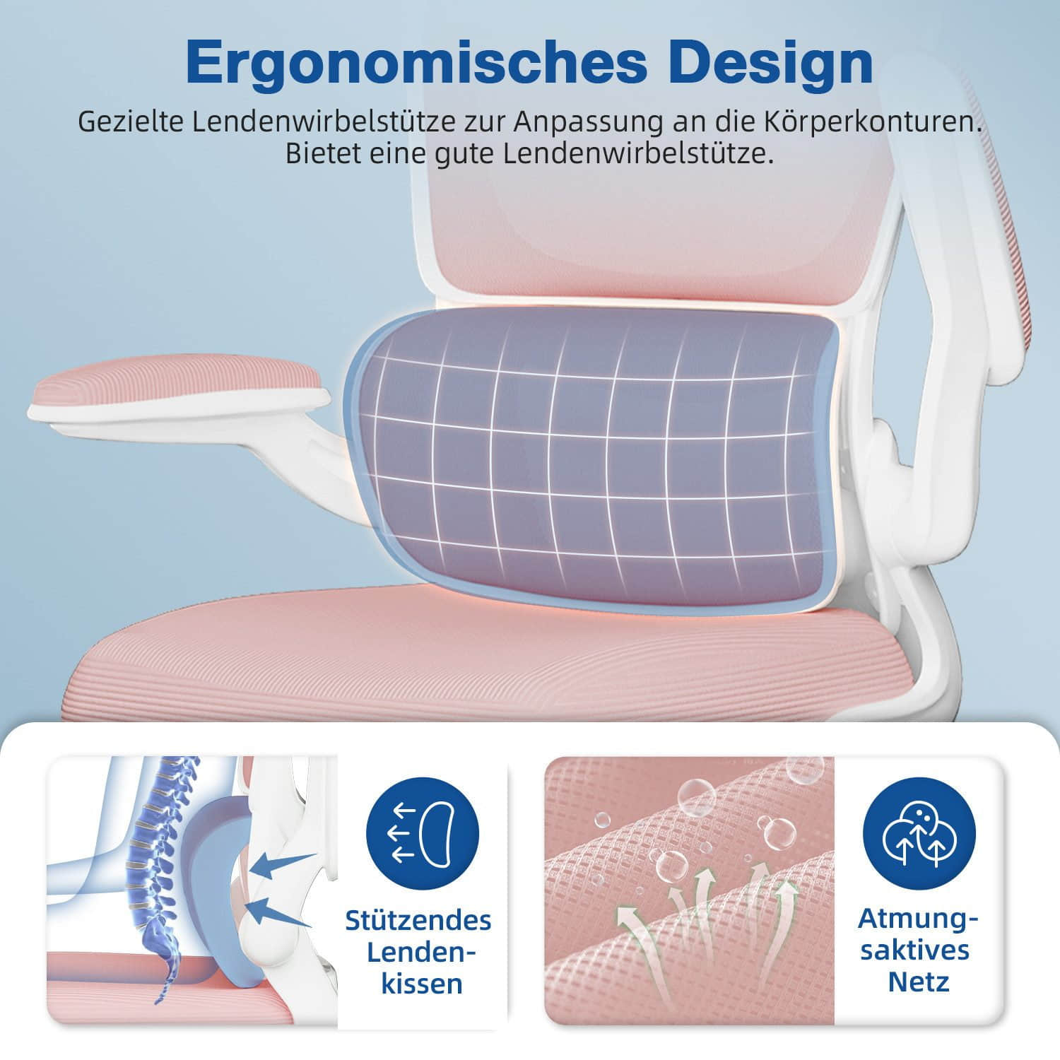Stühle Homimaster Homimaster Ergonomischer Bürostuhl – Verstellbare Kopfstütze, 90° Klappbare Armlehnen, Lendenwirbelstütze, Höhenverstellbarer Mesh Chefsessel bis 150 kg Bürostuhl-D