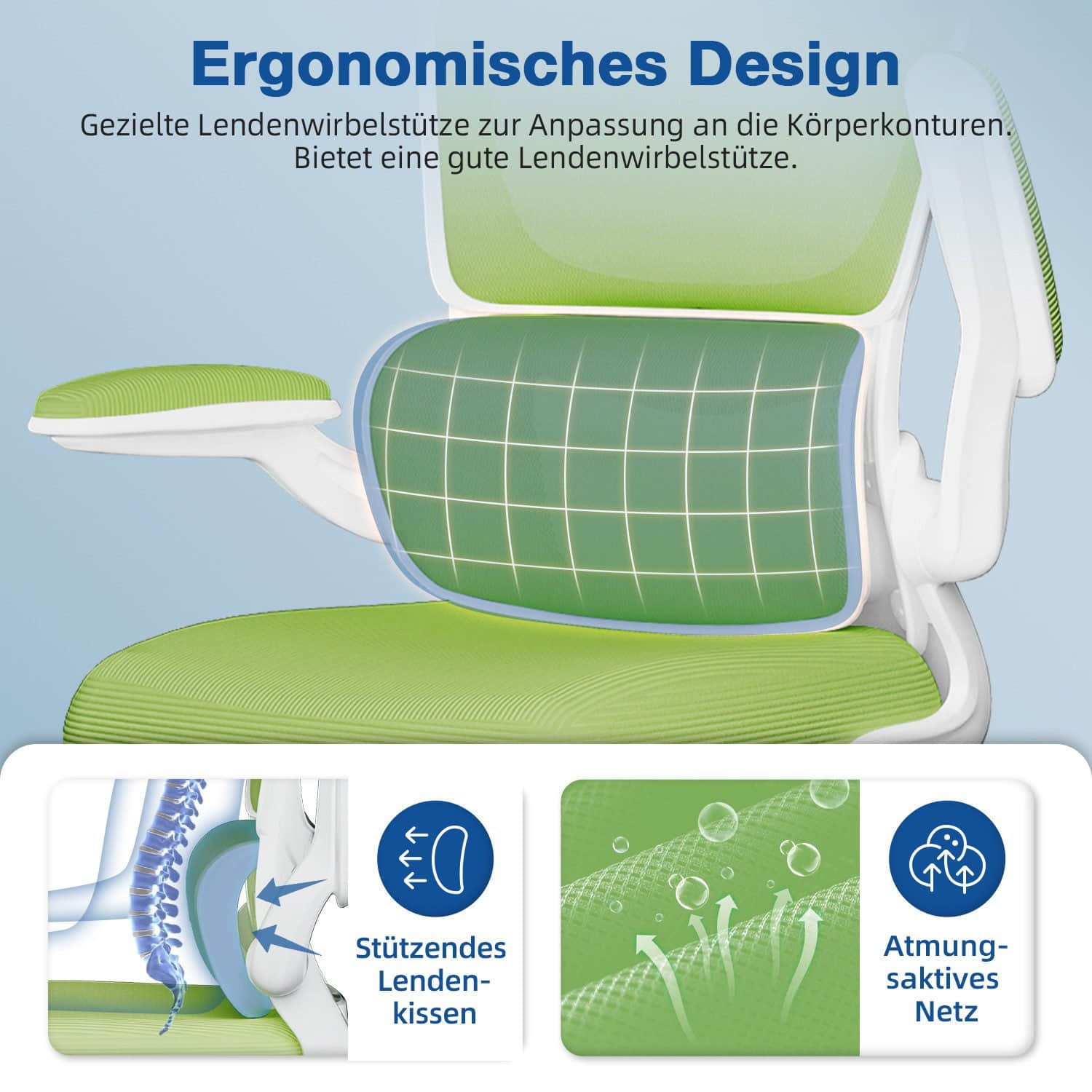 Homimaster Ergonomischer Bürostuhl – Verstellbare Kopfstütze, 90° Klappbare Armlehnen, Lendenwirbelstütze, Höhenverstellbarer Mesh Chefsessel bis 150 kg Bürostuhl-E Homimaster Stühle