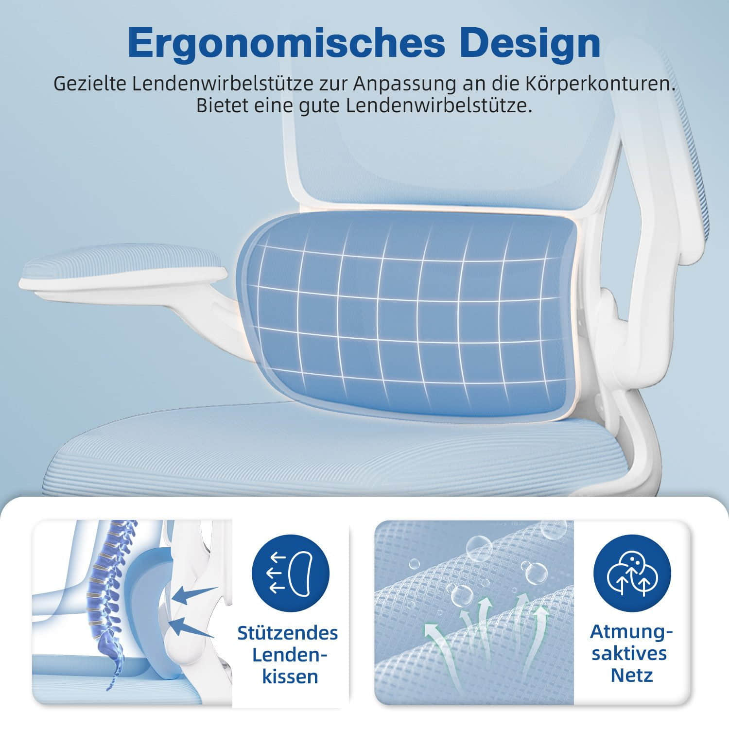 Homimaster Ergonomischer Bürostuhl – Verstellbare Kopfstütze, 90° Klappbare Armlehnen, Lendenwirbelstütze, Höhenverstellbarer Mesh Chefsessel bis 150 kg Bürostuhl-F Stühle Homimaster
