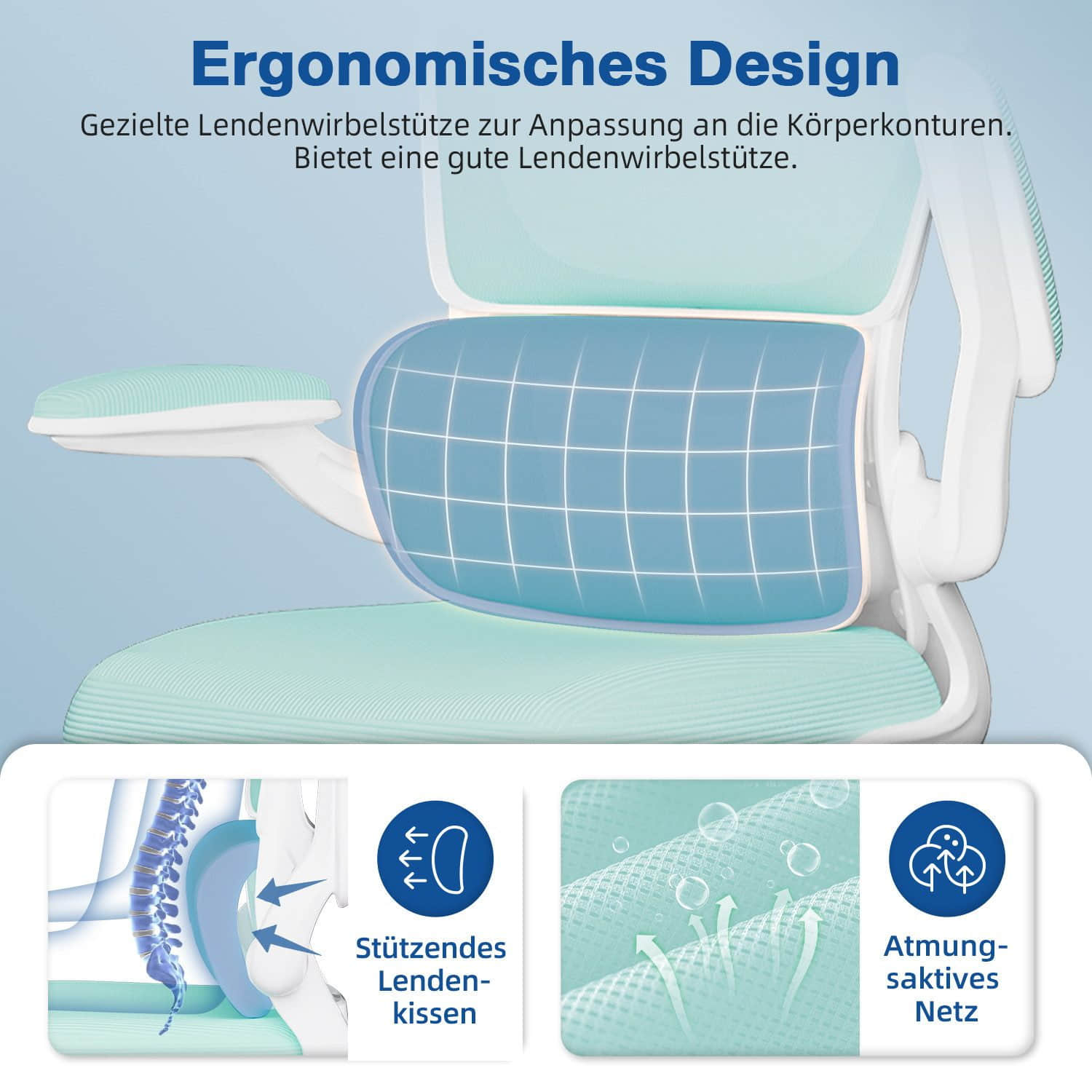 Homimaster Ergonomischer Bürostuhl – Verstellbare Kopfstütze, 90° Klappbare Armlehnen, Lendenwirbelstütze, Höhenverstellbarer Mesh Chefsessel bis 150 kg Bürostuhl-G Homimaster Stühle