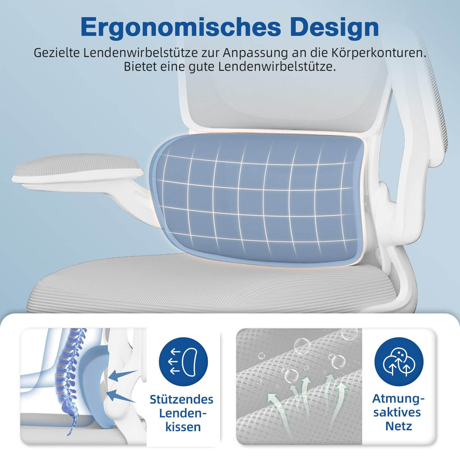 Homimaster Ergonomischer Bürostuhl – Verstellbare Kopfstütze, 90° Klappbare Armlehnen, Lendenwirbelstütze, Höhenverstellbarer Mesh Chefsessel bis 150 kg Bürostuhl-A Homimaster Stühle