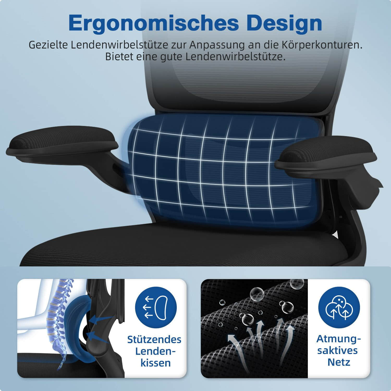 Homimaster Ergonomischer Bürostuhl – Verstellbare Kopfstütze, 90° Klappbare Armlehnen, Lendenwirbelstütze, Höhenverstellbarer Mesh Chefsessel bis 150 kg Bürostuhl-B Homimaster Stühle