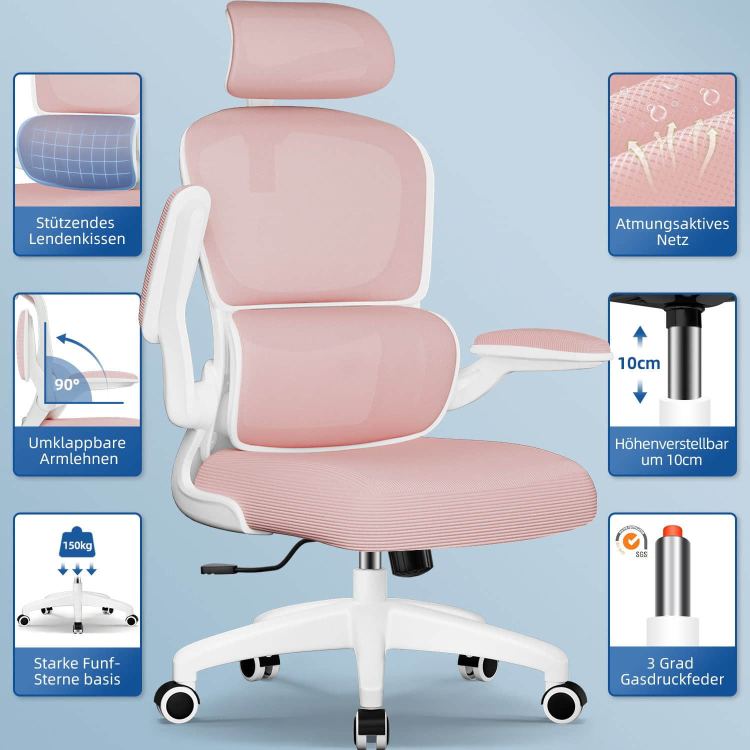 Stühle Homimaster Homimaster Ergonomischer Bürostuhl – Verstellbare Kopfstütze, 90° Klappbare Armlehnen, Lendenwirbelstütze, Höhenverstellbarer Mesh Chefsessel bis 150 kg Bürostuhl-D