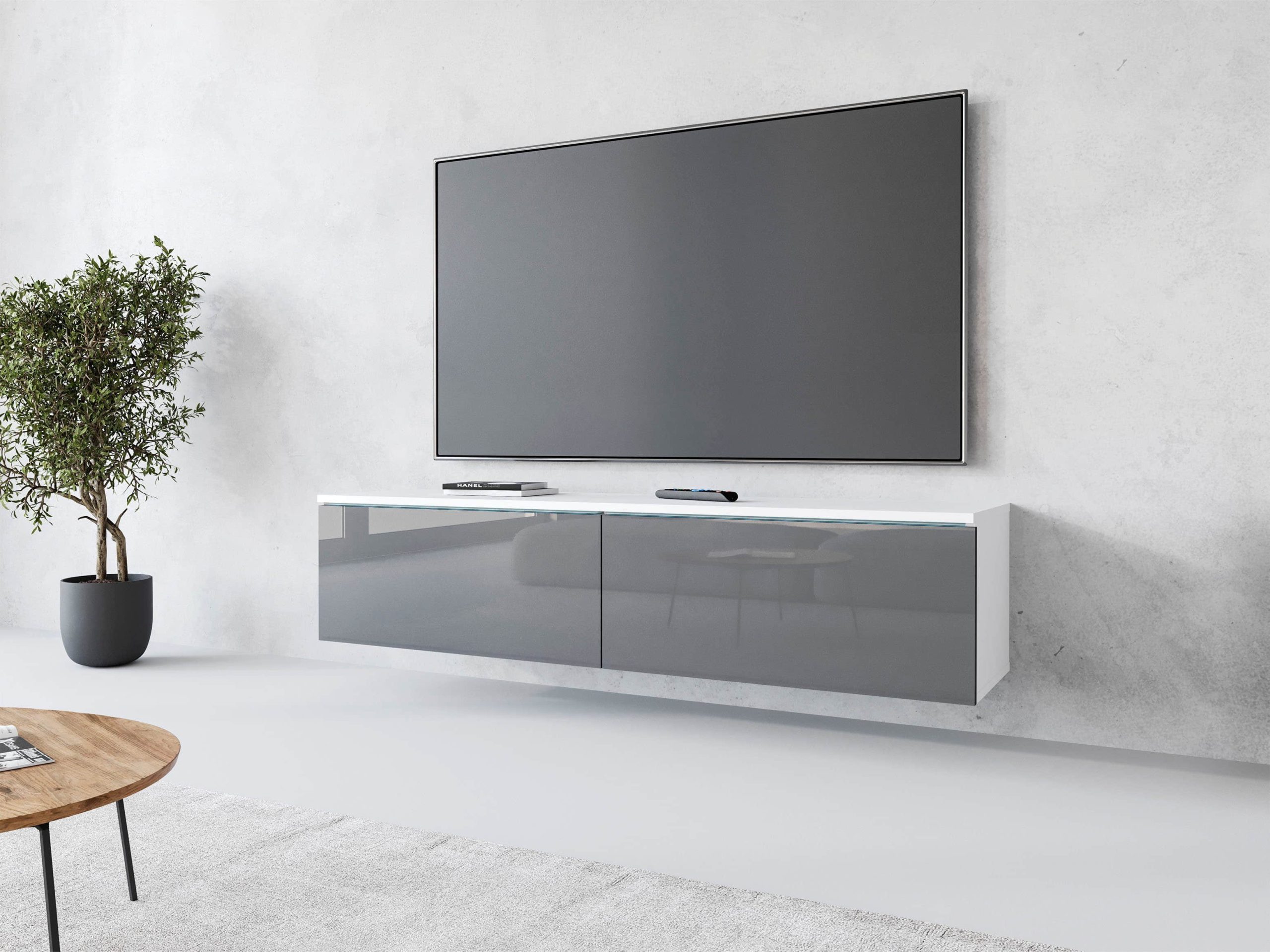 INOSIGN Kommoden & Sideboards INOSIGN Lowboard »LOWBOARD D« mit LED-Beleuchtung | Modernes TV-Board ohne Griffe | 180 cm Breite | Stauraum & Wandmontage möglich weiss/grau