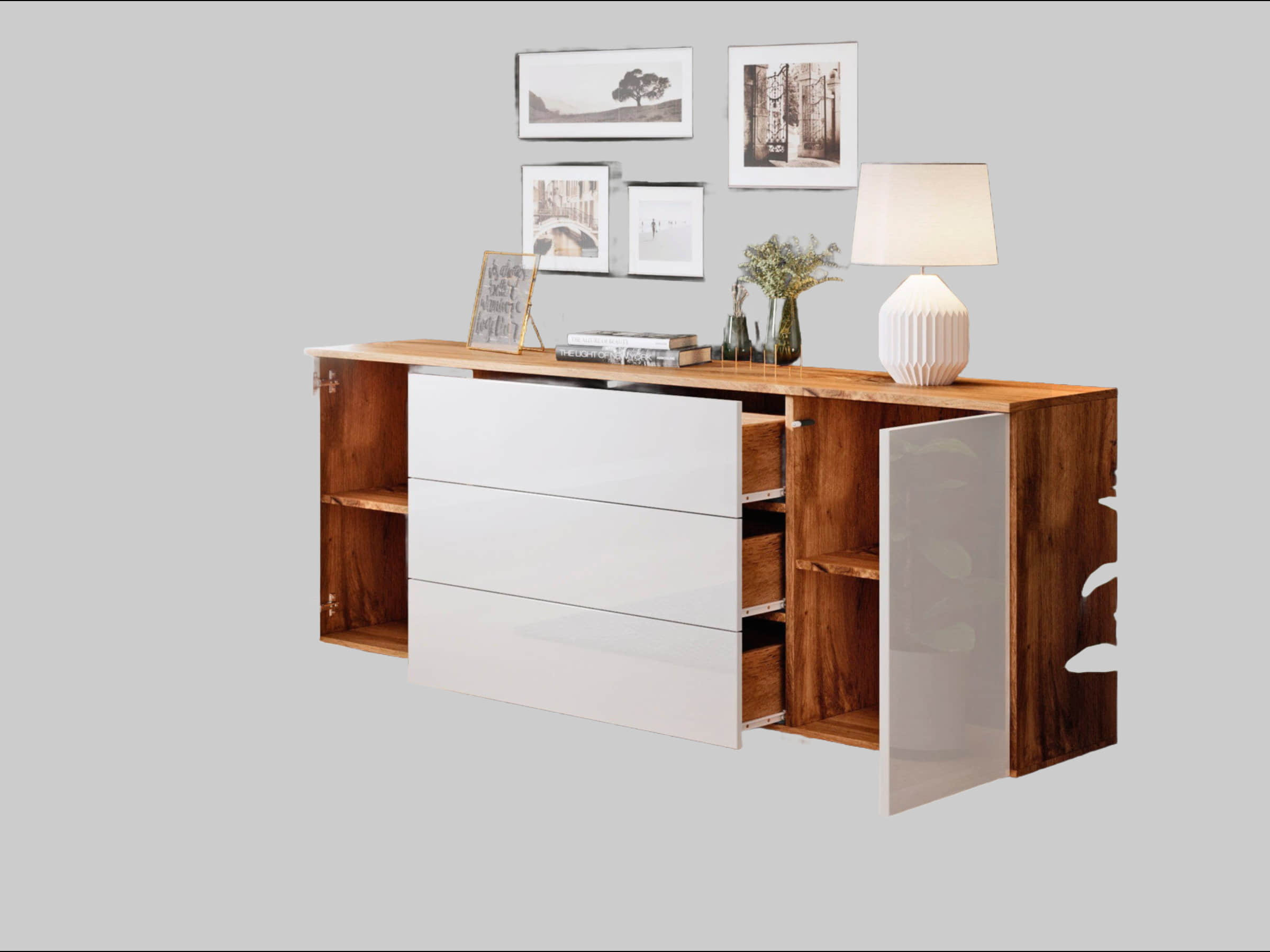 INOSIGN Kommoden & Sideboards INOSIGN Sideboard »PARIS« 150cm | Moderne grifflose Kommode mit Push-to-open & variablen Fächern | Ideal für Wohnzimmer & Essbereich eichefarbe