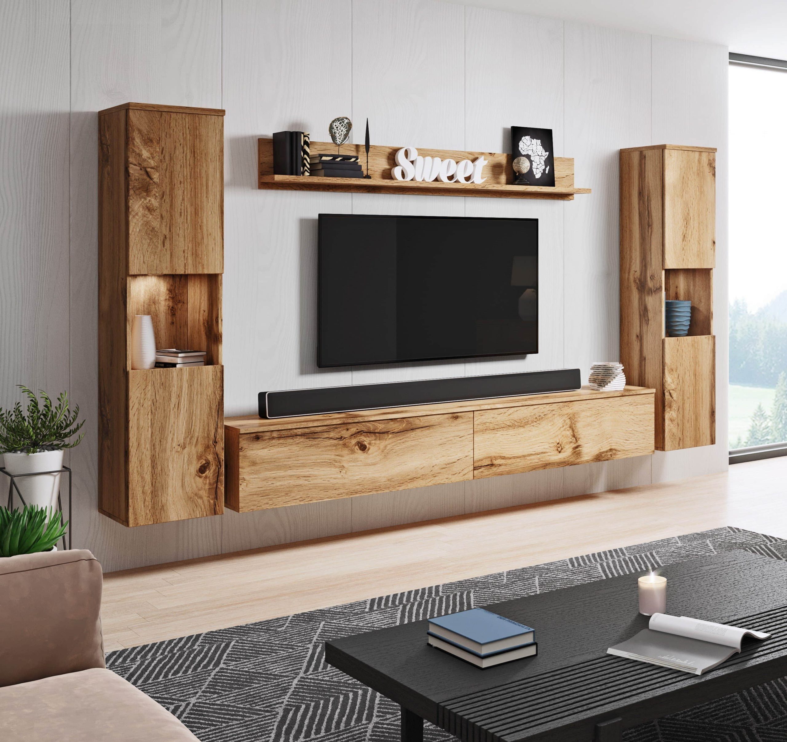 INOSIGN Wohnwand PARIS - 4-Piece Modular TV Wall Unit (260cm) | Handle-less Design | Floor/Wall Mount | Storage Cabinets & Floating Shelf eichefarbe Wohnwände INOSIGN