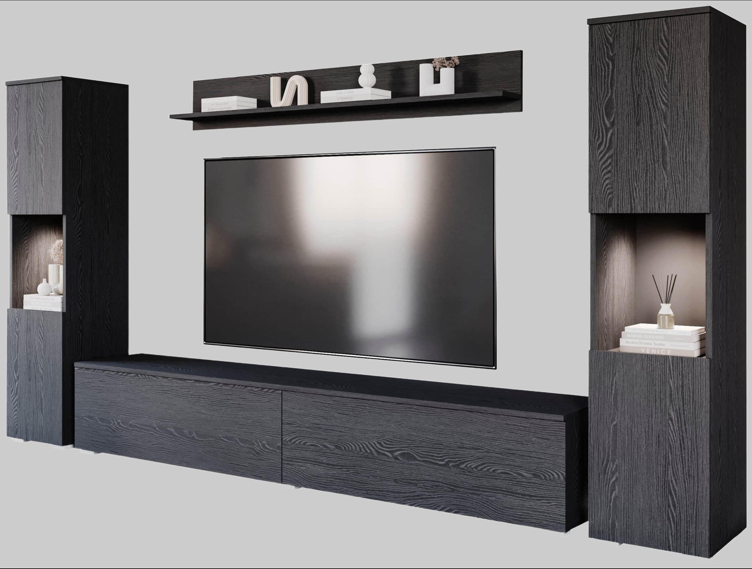 INOSIGN Wohnwand PARIS - 4-Piece Modular TV Wall Unit (260cm) | Handle-less Design | Floor/Wall Mount | Storage Cabinets & Floating Shelf Graphite b Wohnwände INOSIGN