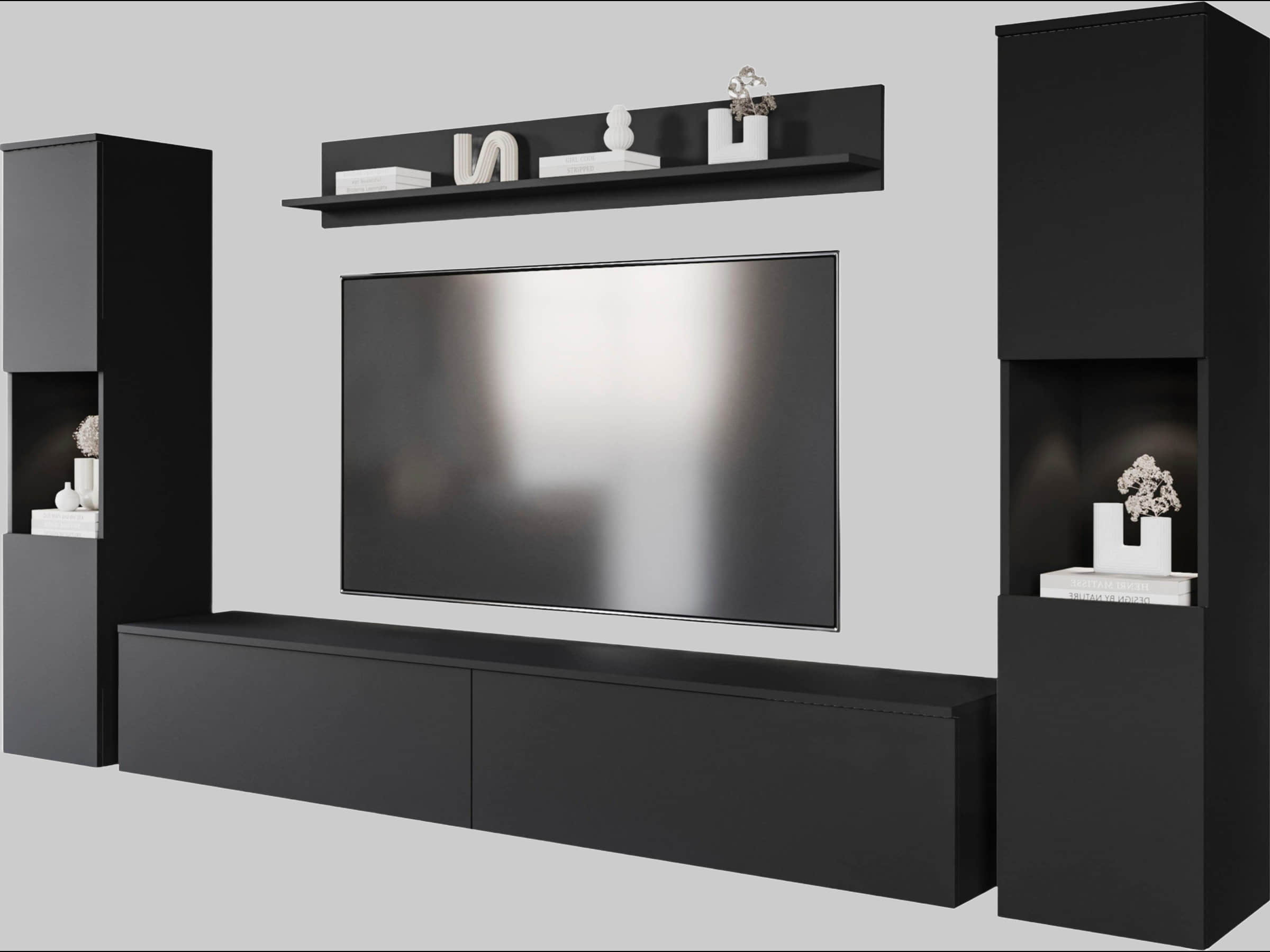 INOSIGN Wohnwand PARIS - 4-Piece Modular TV Wall Unit (260cm) | Handle-less Design | Floor/Wall Mount | Storage Cabinets & Floating Shelf Graphite s Wohnwände INOSIGN
