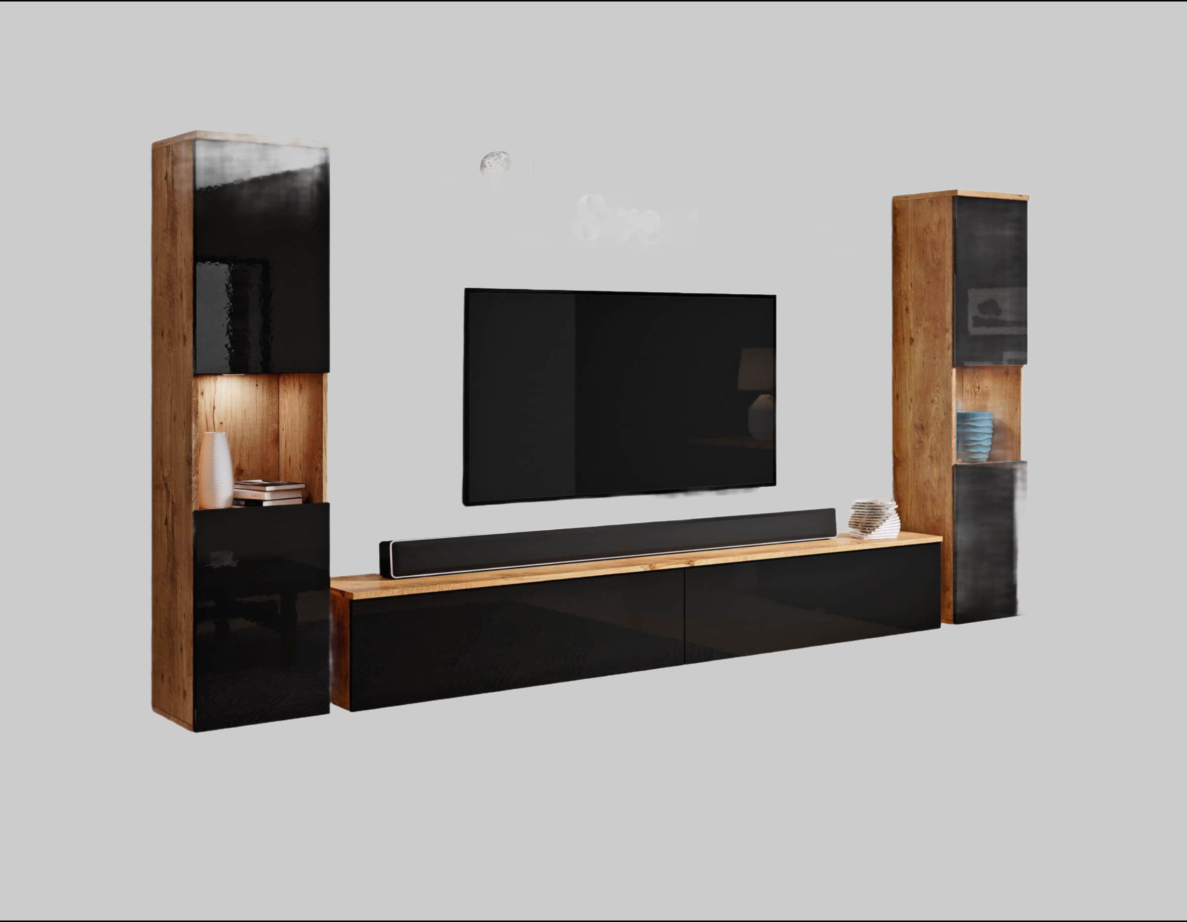 INOSIGN INOSIGN Wohnwand PARIS - 4-Piece Modular TV Wall Unit (260cm) | Handle-less Design | Floor/Wall Mount | Storage Cabinets & Floating Shelf kastanien Wohnwände