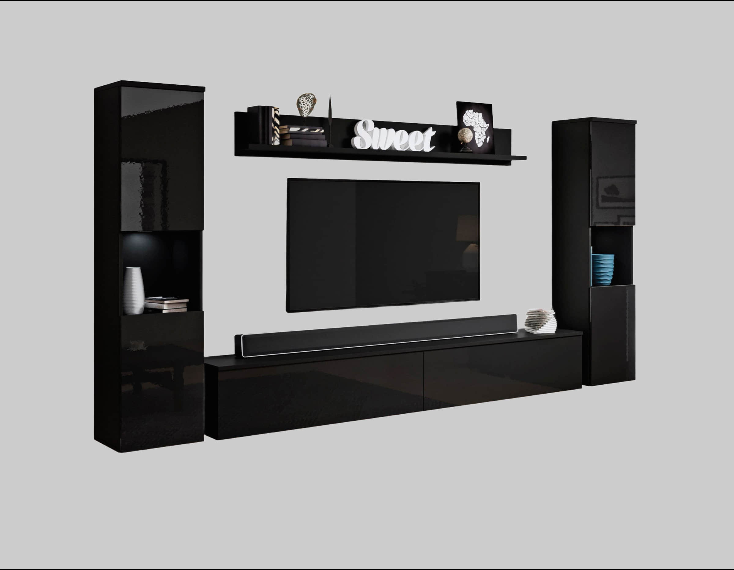INOSIGN INOSIGN Wohnwand PARIS - 4-Piece Modular TV Wall Unit (260cm) | Handle-less Design | Floor/Wall Mount | Storage Cabinets & Floating Shelf schwarz gr Wohnwände