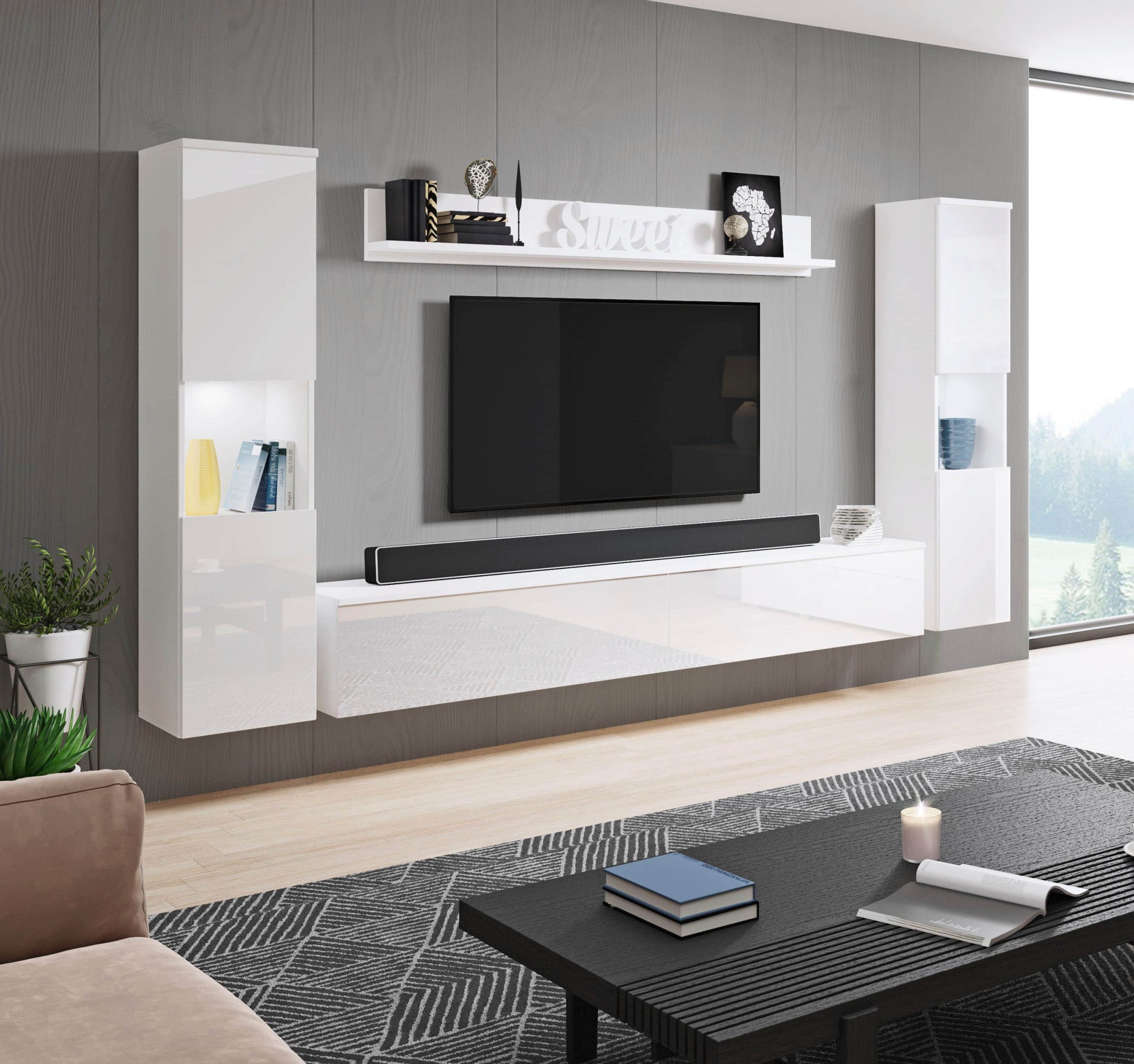 INOSIGN INOSIGN Wohnwand PARIS - 4-Piece Modular TV Wall Unit (260cm) | Handle-less Design | Floor/Wall Mount | Storage Cabinets & Floating Shelf weiß matt/ Wohnwände