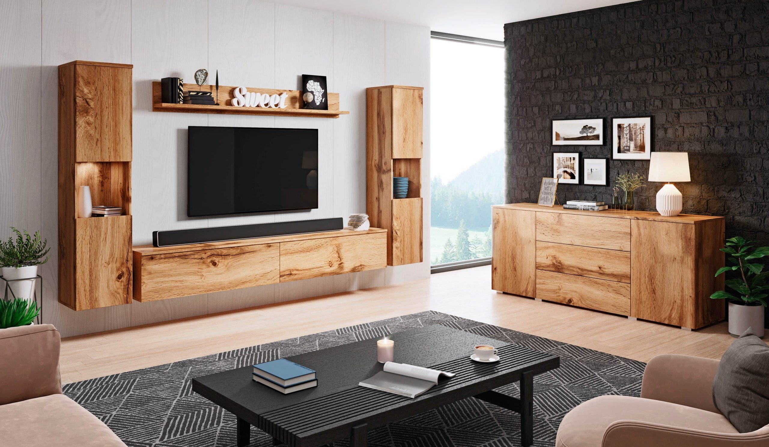 INOSIGN Wohnwand PARIS - 4-Piece Modular TV Wall Unit (260cm) | Handle-less Design | Floor/Wall Mount | Storage Cabinets & Floating Shelf eichefarbe Wohnwände INOSIGN