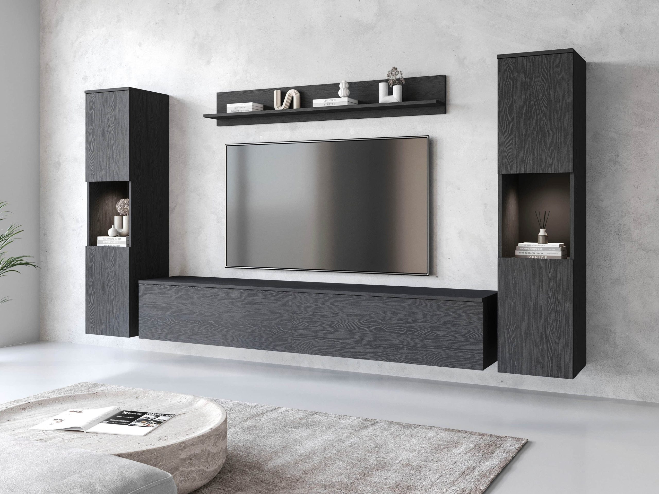INOSIGN Wohnwand PARIS - 4-Piece Modular TV Wall Unit (260cm) | Handle-less Design | Floor/Wall Mount | Storage Cabinets & Floating Shelf Graphite b Wohnwände INOSIGN