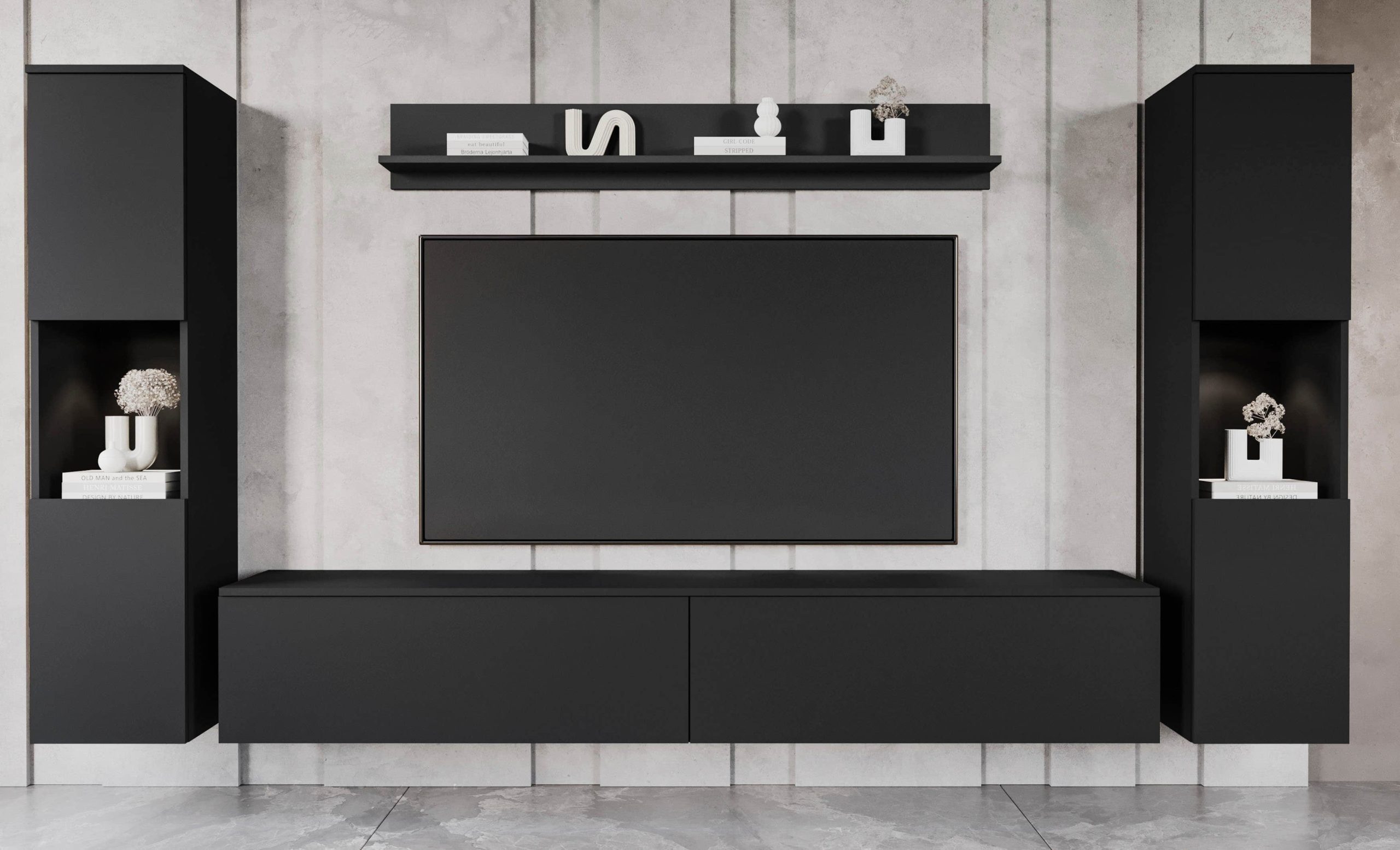 INOSIGN Wohnwand PARIS - 4-Piece Modular TV Wall Unit (260cm) | Handle-less Design | Floor/Wall Mount | Storage Cabinets & Floating Shelf Graphite s Wohnwände INOSIGN