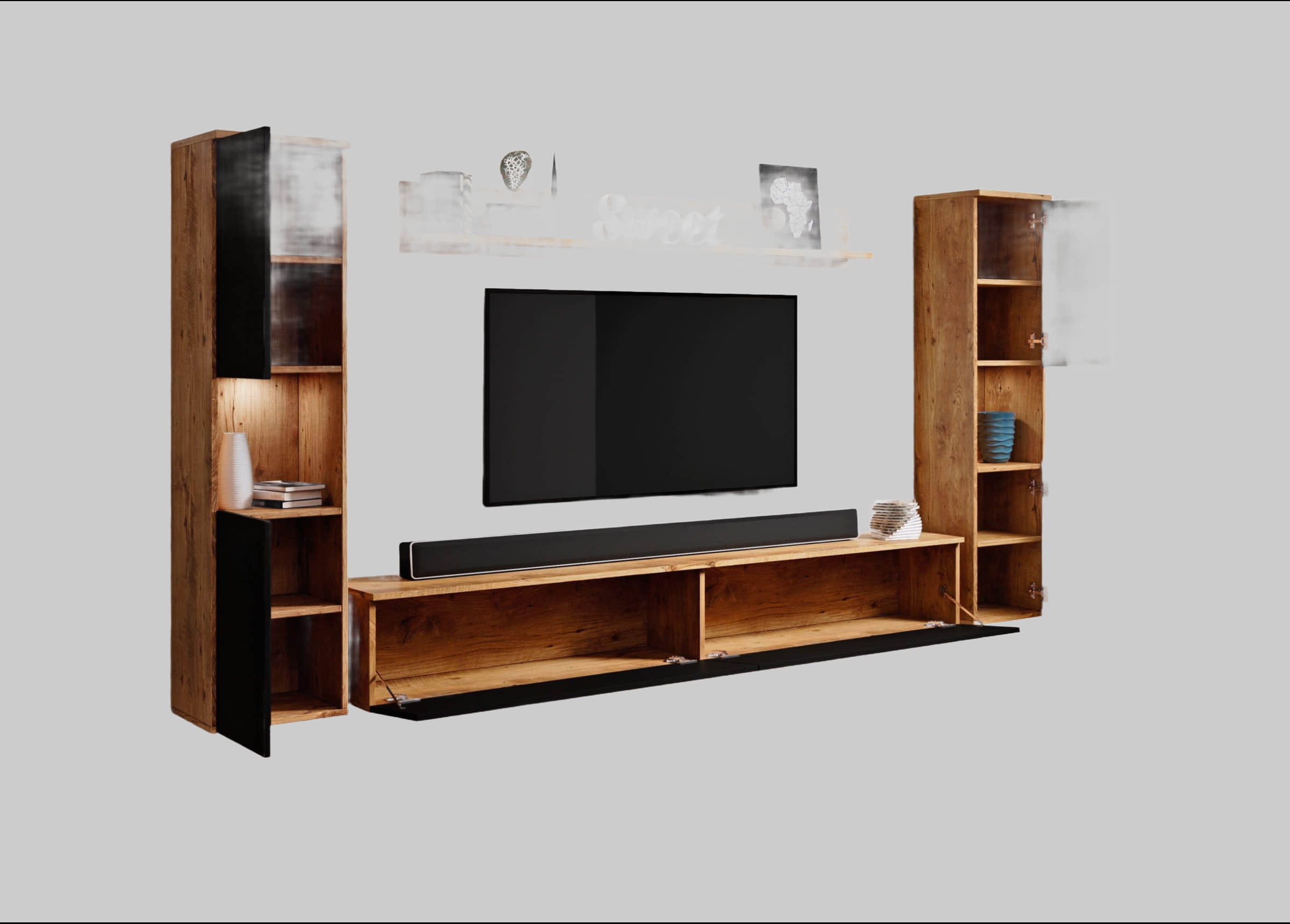 INOSIGN INOSIGN Wohnwand PARIS - 4-Piece Modular TV Wall Unit (260cm) | Handle-less Design | Floor/Wall Mount | Storage Cabinets & Floating Shelf kastanien Wohnwände