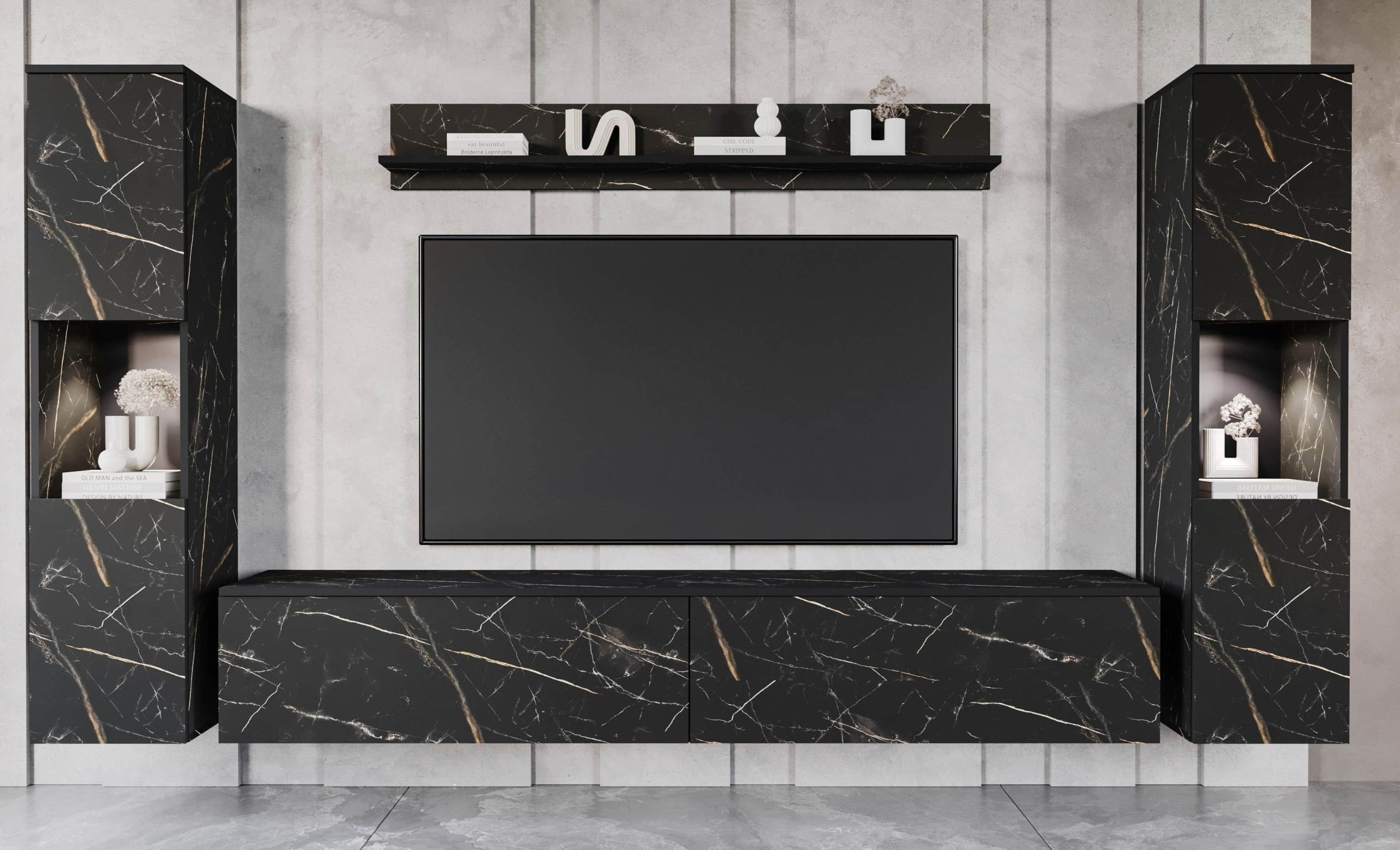 INOSIGN INOSIGN Wohnwand PARIS - 4-Piece Modular TV Wall Unit (260cm) | Handle-less Design | Floor/Wall Mount | Storage Cabinets & Floating Shelf San Sebast Wohnwände