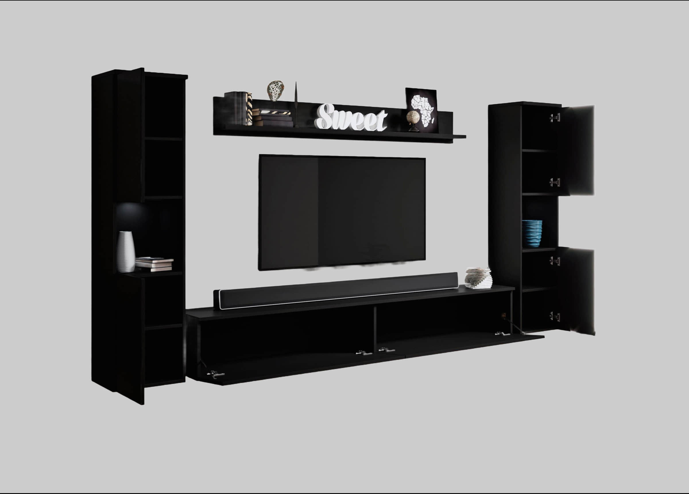 INOSIGN INOSIGN Wohnwand PARIS - 4-Piece Modular TV Wall Unit (260cm) | Handle-less Design | Floor/Wall Mount | Storage Cabinets & Floating Shelf schwarz gr Wohnwände