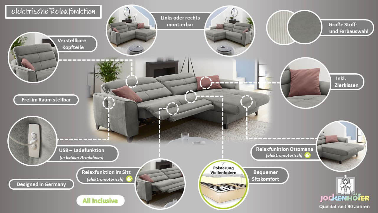 Sofas Jockenhu00F6fer Gruppe Jockenhöfer Gruppe Ecksofa Double One L-Form – Elektromotorische Relaxfunktion, USB-Ladestation & Lederoptik | 120cm Sitzbreite hellgrau