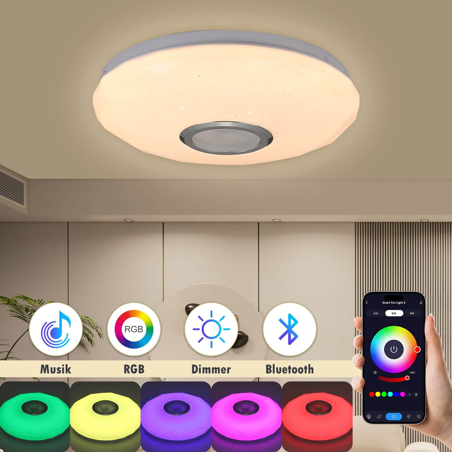 LETGOSPT Lampen LETGOSPT Smart LED Ceiling Light with Bluetooth Speaker - 36W Dimmable RGB Color Changing Light with Remote & App Control (30cm) for Bedroom, Living Room & Nursery 30W - Φ 28