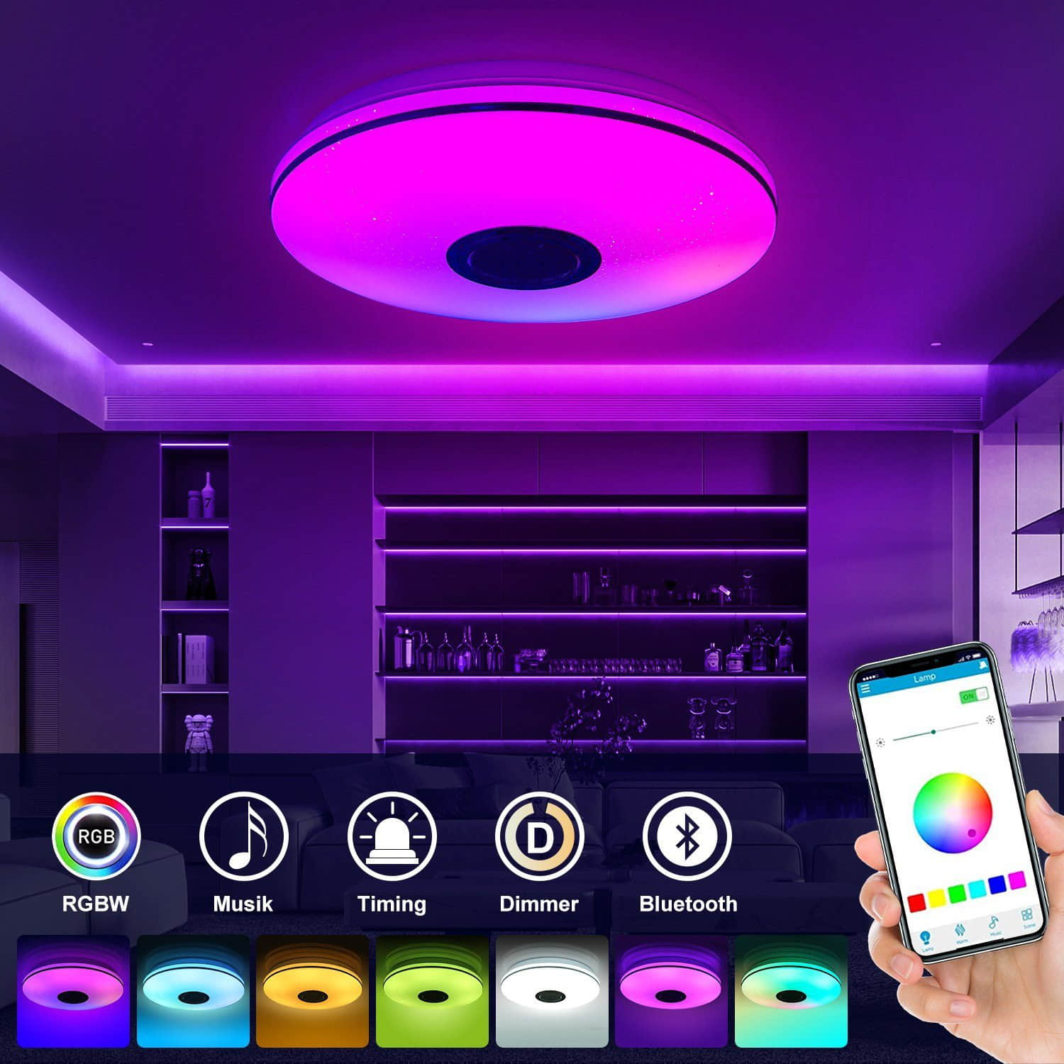 LETGOSPT Smart LED Ceiling Light with Bluetooth Speaker - 36W Dimmable RGB Color Changing Light with Remote & App Control (30cm) for Bedroom, Living Room & Nursery 36W - Φ 30 Lampen LETGOSPT