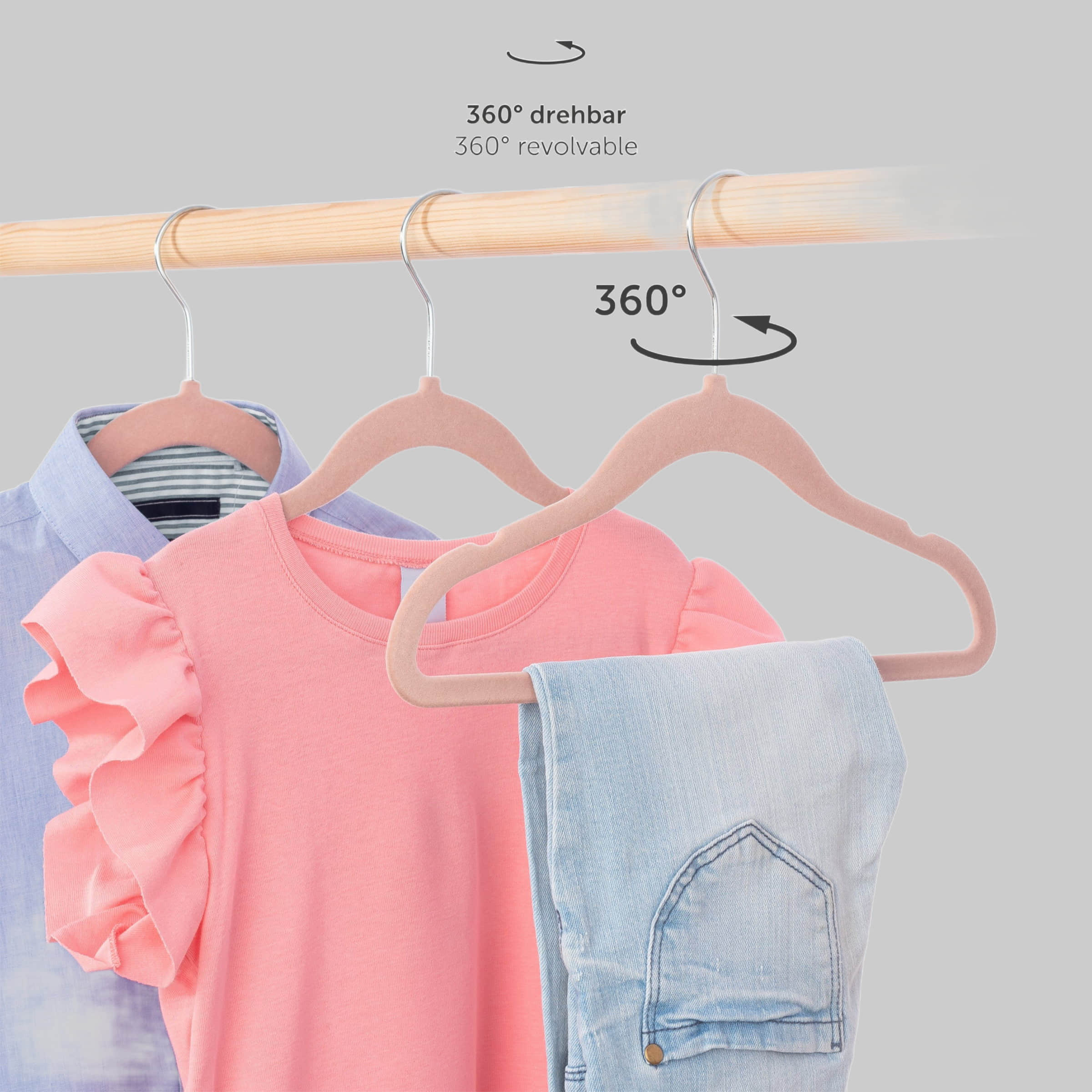Laleni Kinderkleiderbügel mit Samtbezug – rutschfeste Babybügel (30-tlg), 360° drehbar, platzsparend – Ideal für Kleiderschrank-Organisation Puderrosa Aufbewahrung Laleni