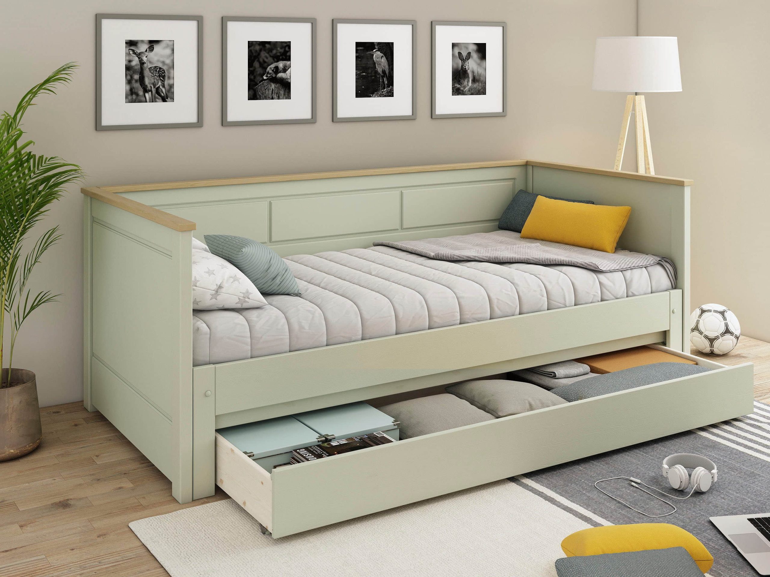 Schubladen Lu00FCttenhu00FCtt Lüttenhütt Bettschubkasten »BROOKLYN« mit Rollen – 125cm breite Schublade aus FSC®-Holz für optimalen Stauraum unter dem Bett olivegrün