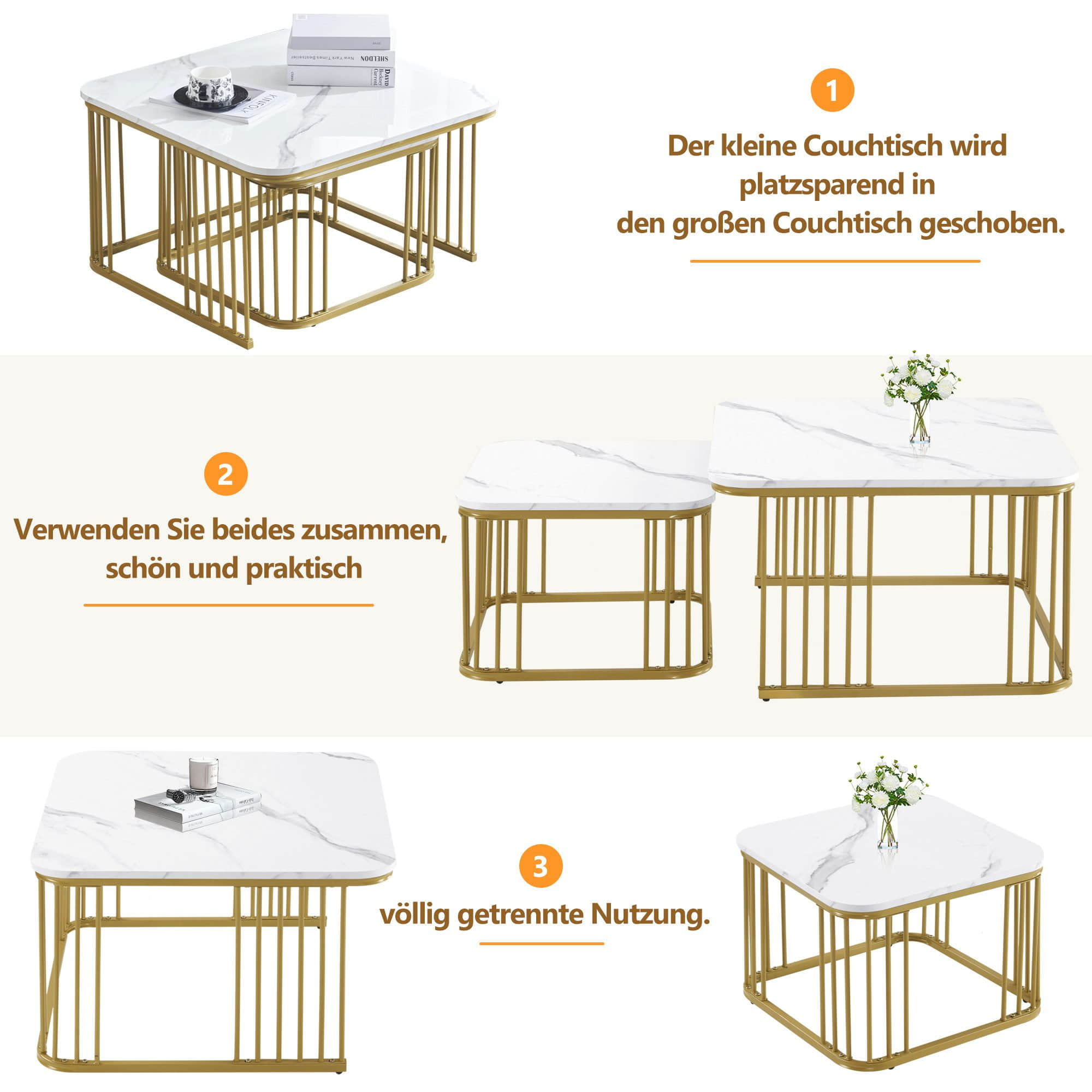 Merax Couchtisch Set (2er) - Hochglanz Marmoroptik Tischplatte mit goldenem Metallrahmen, Beistelltisch & Wohnzimmertisch in modernem Design, inkl. Einlegeboden Gold Merax Tische