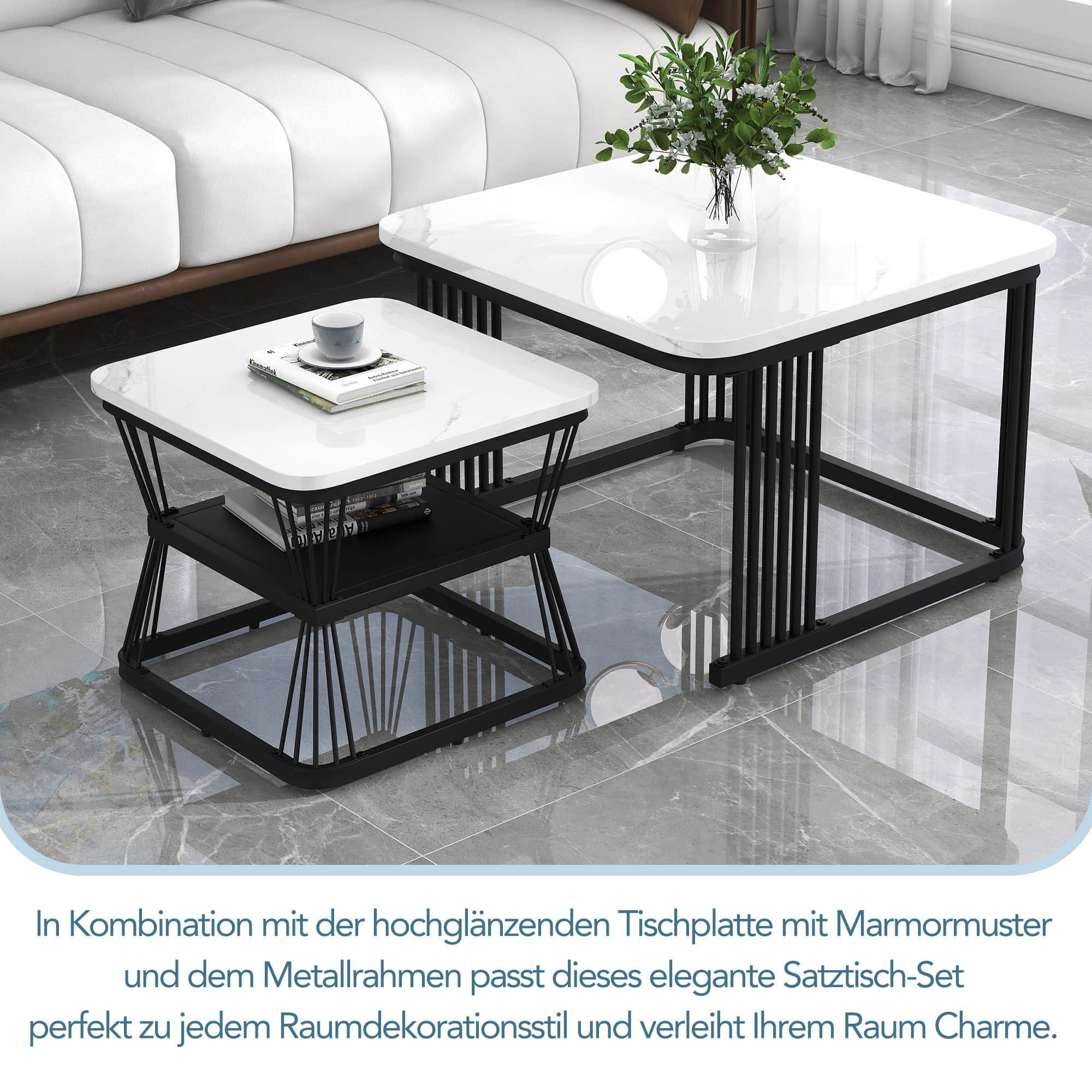 Merax Couchtisch Set (2er) - Hochglanz Marmoroptik Tischplatte mit goldenem Metallrahmen, Beistelltisch & Wohnzimmertisch in modernem Design, inkl. Einlegeboden Schwarz Tische Merax