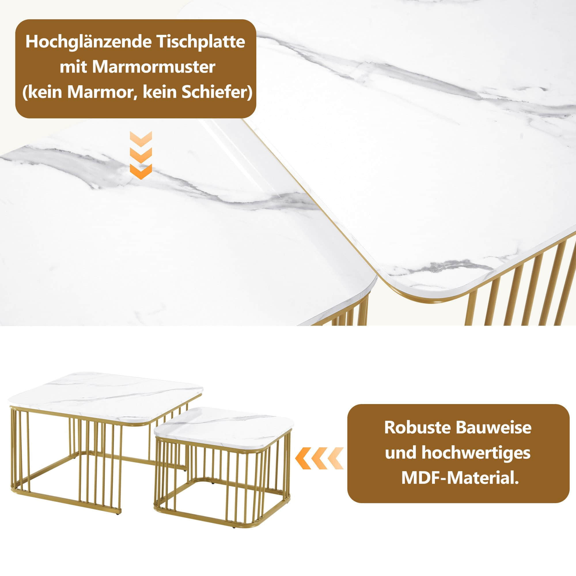 Merax Couchtisch Set (2er) - Hochglanz Marmoroptik Tischplatte mit goldenem Metallrahmen, Beistelltisch & Wohnzimmertisch in modernem Design, inkl. Einlegeboden Gold Merax Tische