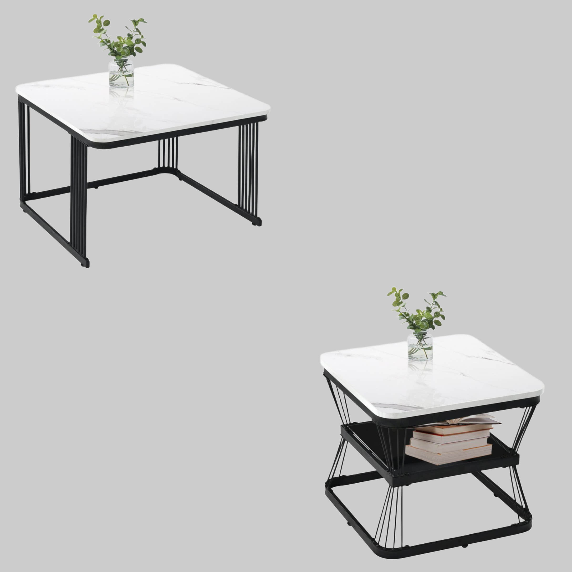 Merax Couchtisch Set (2er) - Hochglanz Marmoroptik Tischplatte mit goldenem Metallrahmen, Beistelltisch & Wohnzimmertisch in modernem Design, inkl. Einlegeboden Schwarz Tische Merax