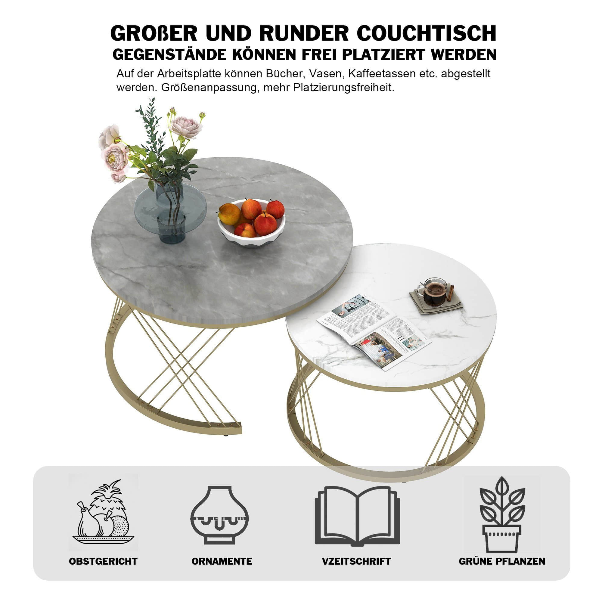 Merax Tische Merax Couchtisch Set rund | 2-teiliger Satztisch mit Marmoroptik & Schubladen | Hochglanz Wohnzimmertisch & Beistelltisch | Gold/Weiß | 1,5cm Platte Weiß
