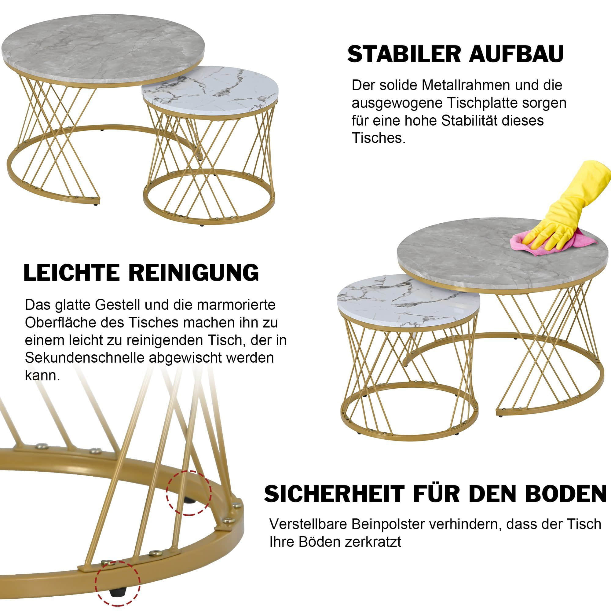 Merax Tische Merax Couchtisch Set rund | 2-teiliger Satztisch mit Marmoroptik & Schubladen | Hochglanz Wohnzimmertisch & Beistelltisch | Gold/Weiß | 1,5cm Platte Weiß