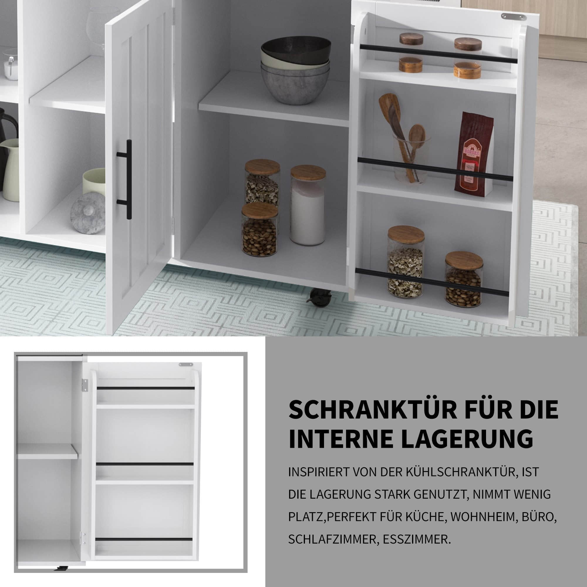Merax Küchenwagen mit erweiterbarer Arbeitsplatte | Kücheninsel mit 5 Rollen/Holzbeinen | Servierwagen mit Schubladen | Moderner Küchenschrank in Schwarz Weiß Aufbewahrung Merax