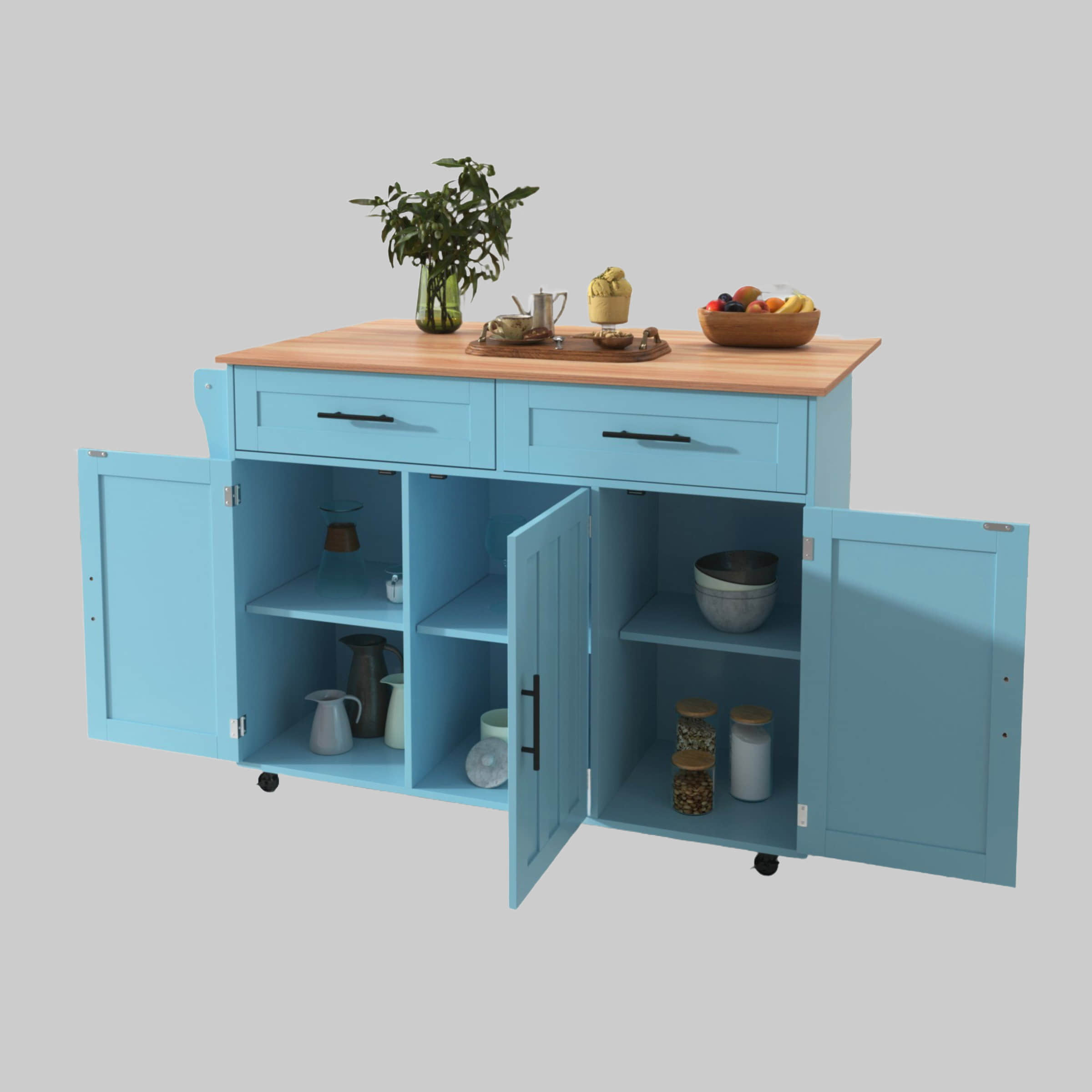 Aufbewahrung Merax Merax Küchenwagen mit erweiterbarer Arbeitsplatte | Kücheninsel mit 5 Rollen/Holzbeinen | Servierwagen mit Schubladen | Moderner Küchenschrank in Schwarz Mintgrün