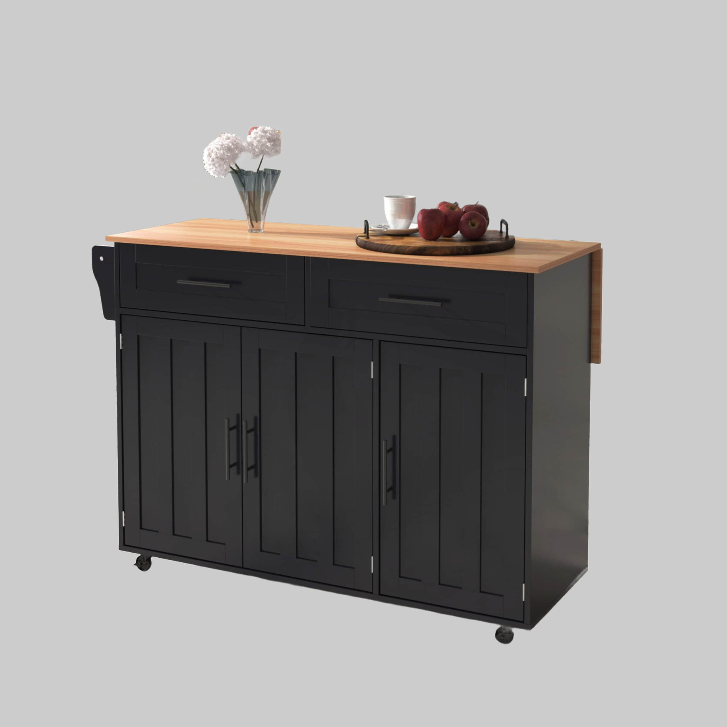 Merax Küchenwagen mit erweiterbarer Arbeitsplatte | Kücheninsel mit 5 Rollen/Holzbeinen | Servierwagen mit Schubladen | Moderner Küchenschrank in Schwarz Schwarz Merax Aufbewahrung