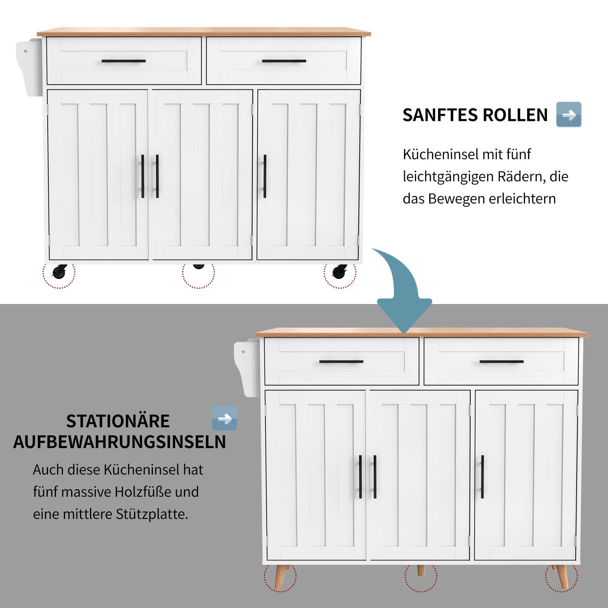 Merax Küchenwagen mit erweiterbarer Arbeitsplatte | Kücheninsel mit 5 Rollen/Holzbeinen | Servierwagen mit Schubladen | Moderner Küchenschrank in Schwarz Weiß Aufbewahrung Merax