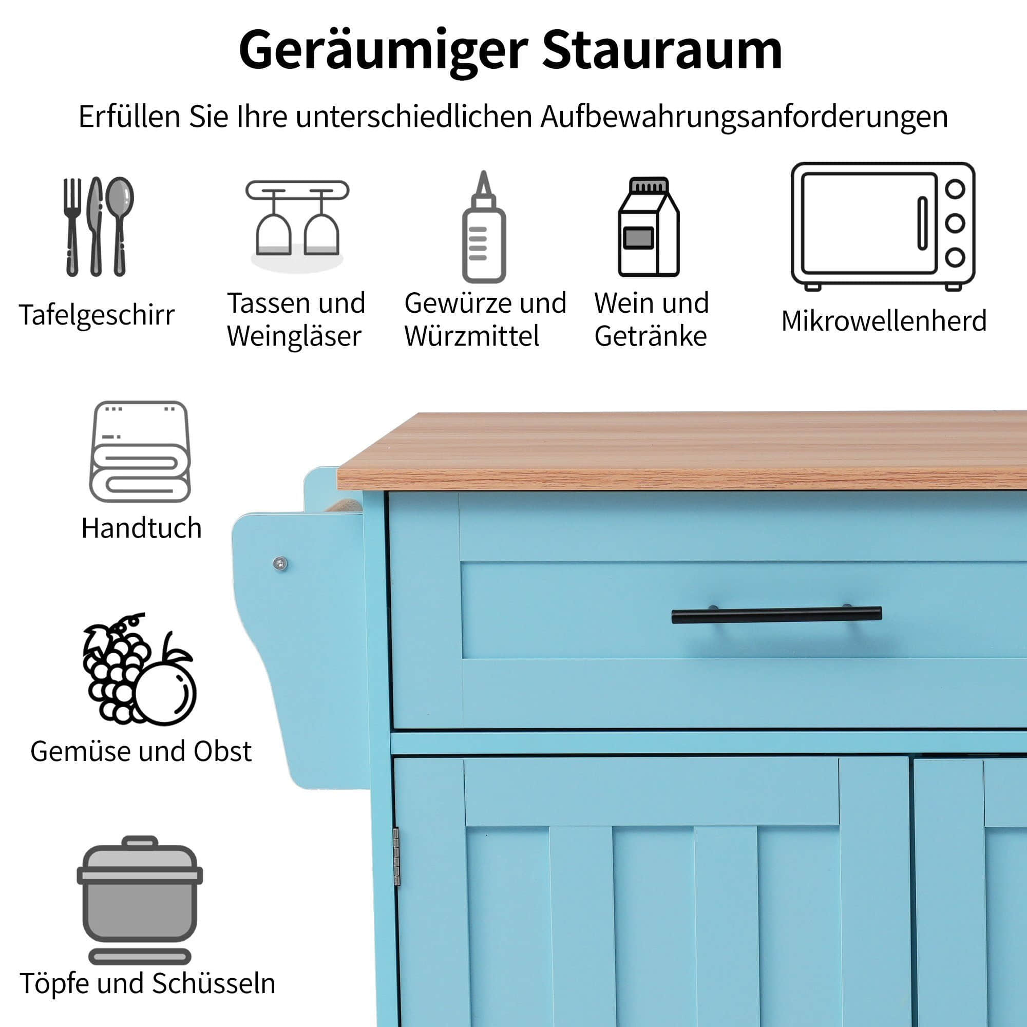 Aufbewahrung Merax Merax Küchenwagen mit erweiterbarer Arbeitsplatte | Kücheninsel mit 5 Rollen/Holzbeinen | Servierwagen mit Schubladen | Moderner Küchenschrank in Schwarz Mintgrün