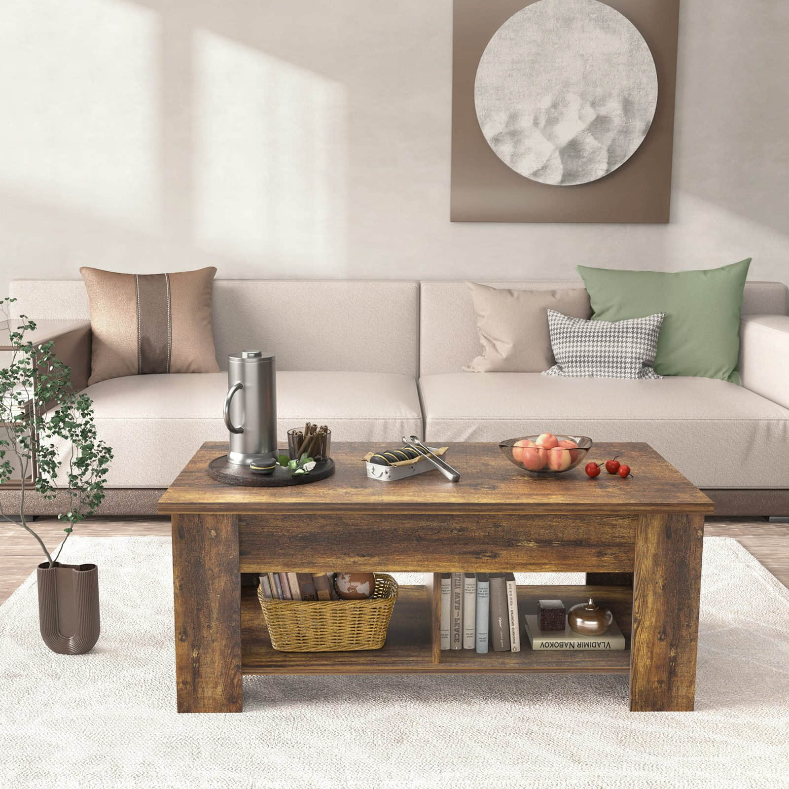 Totnz NOBLEWELL Lift-Top Couchtisch Modern - Höhenverstellbarer Ausziehtisch mit Stauraum & 2 Regalen | 120x60 cm | Schwarz | Multifunktional als Esstisch & Arbeitstisch Braun Tische