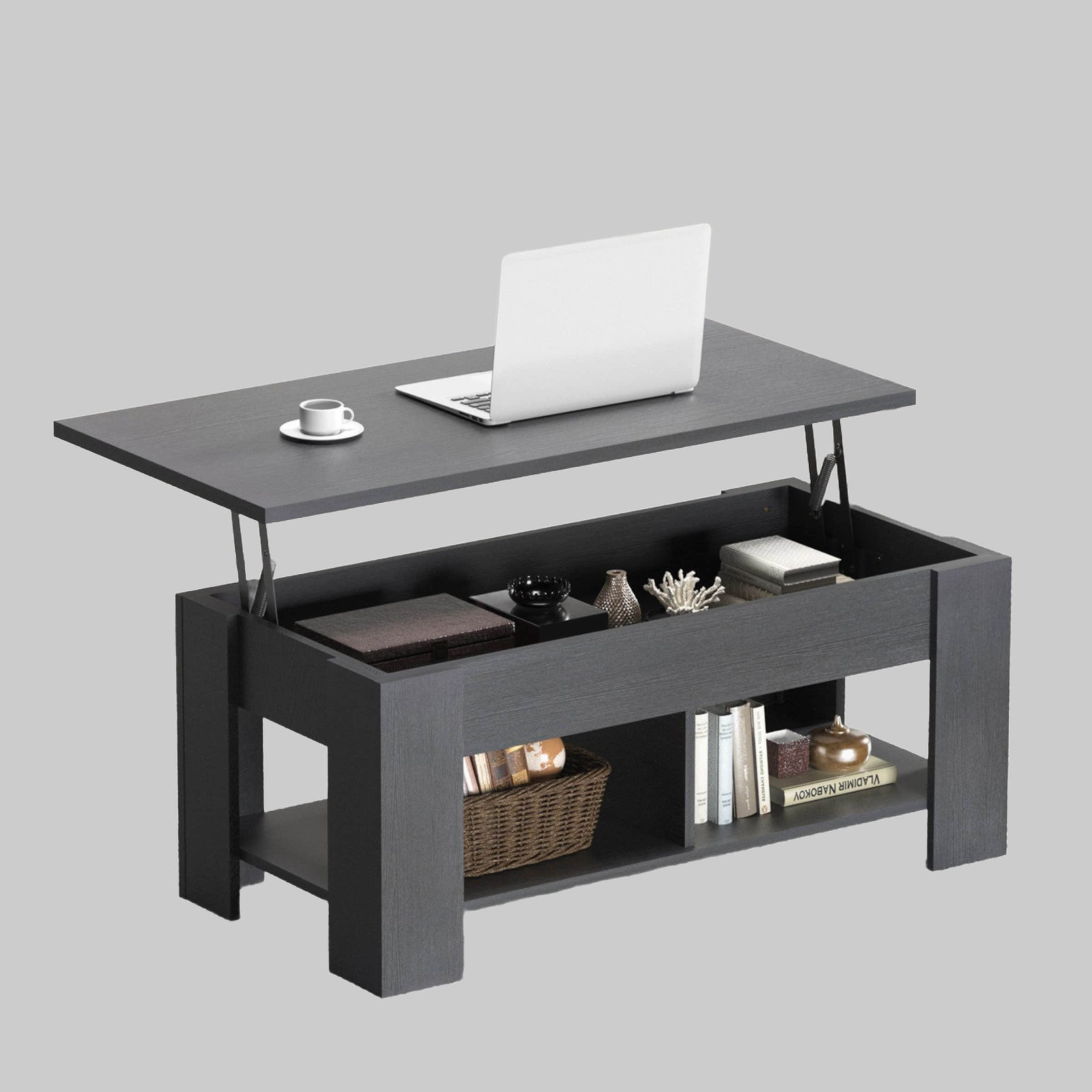 Totnz NOBLEWELL Lift-Top Couchtisch Modern - Höhenverstellbarer Ausziehtisch mit Stauraum & 2 Regalen | 120x60 cm | Schwarz | Multifunktional als Esstisch & Arbeitstisch Schwarz Tische
