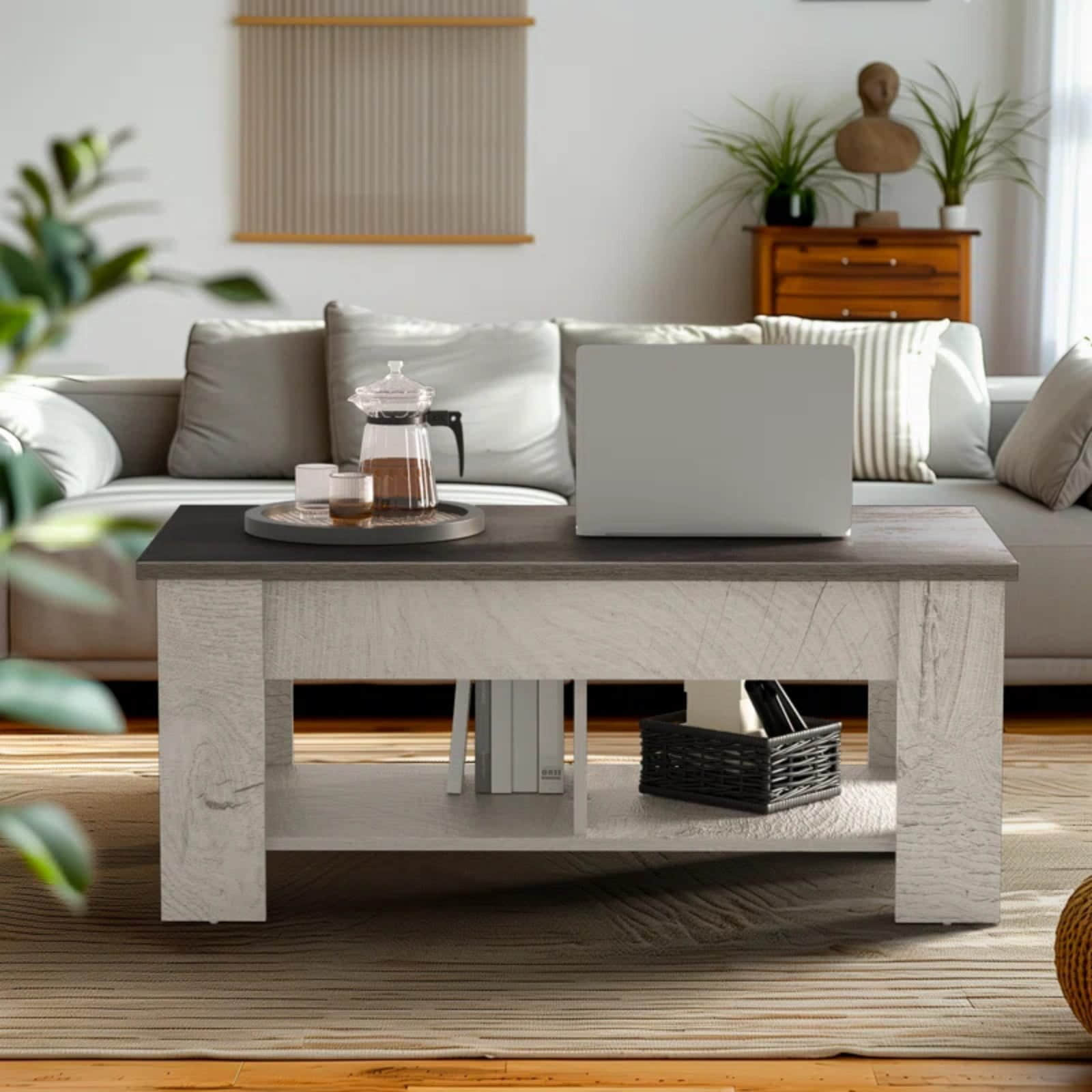 NOBLEWELL Lift-Top Couchtisch Modern - Höhenverstellbarer Ausziehtisch mit Stauraum & 2 Regalen | 120x60 cm | Schwarz | Multifunktional als Esstisch & Arbeitstisch Grau Tische Totnz