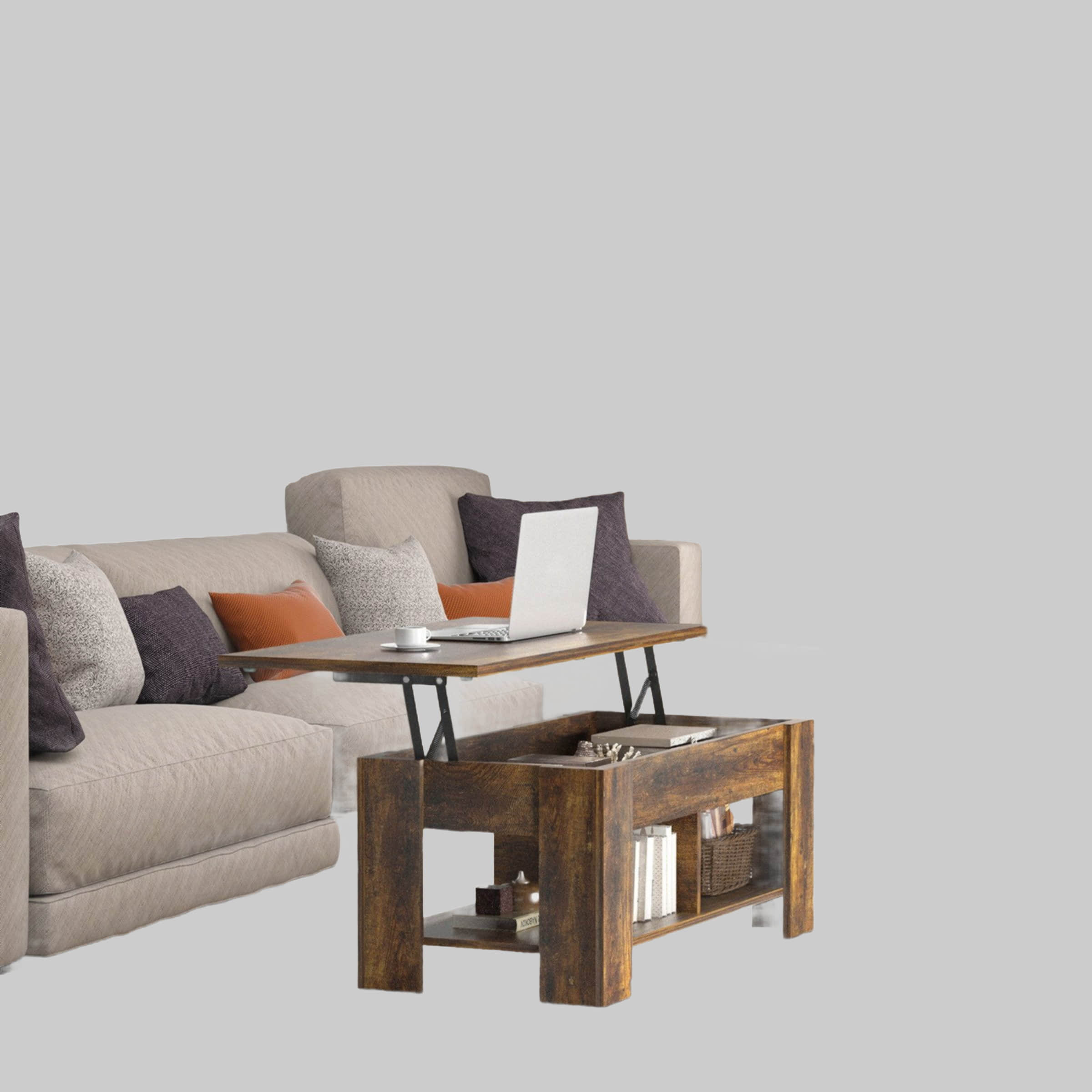 Totnz NOBLEWELL Lift-Top Couchtisch Modern - Höhenverstellbarer Ausziehtisch mit Stauraum & 2 Regalen | 120x60 cm | Schwarz | Multifunktional als Esstisch & Arbeitstisch Braun Tische