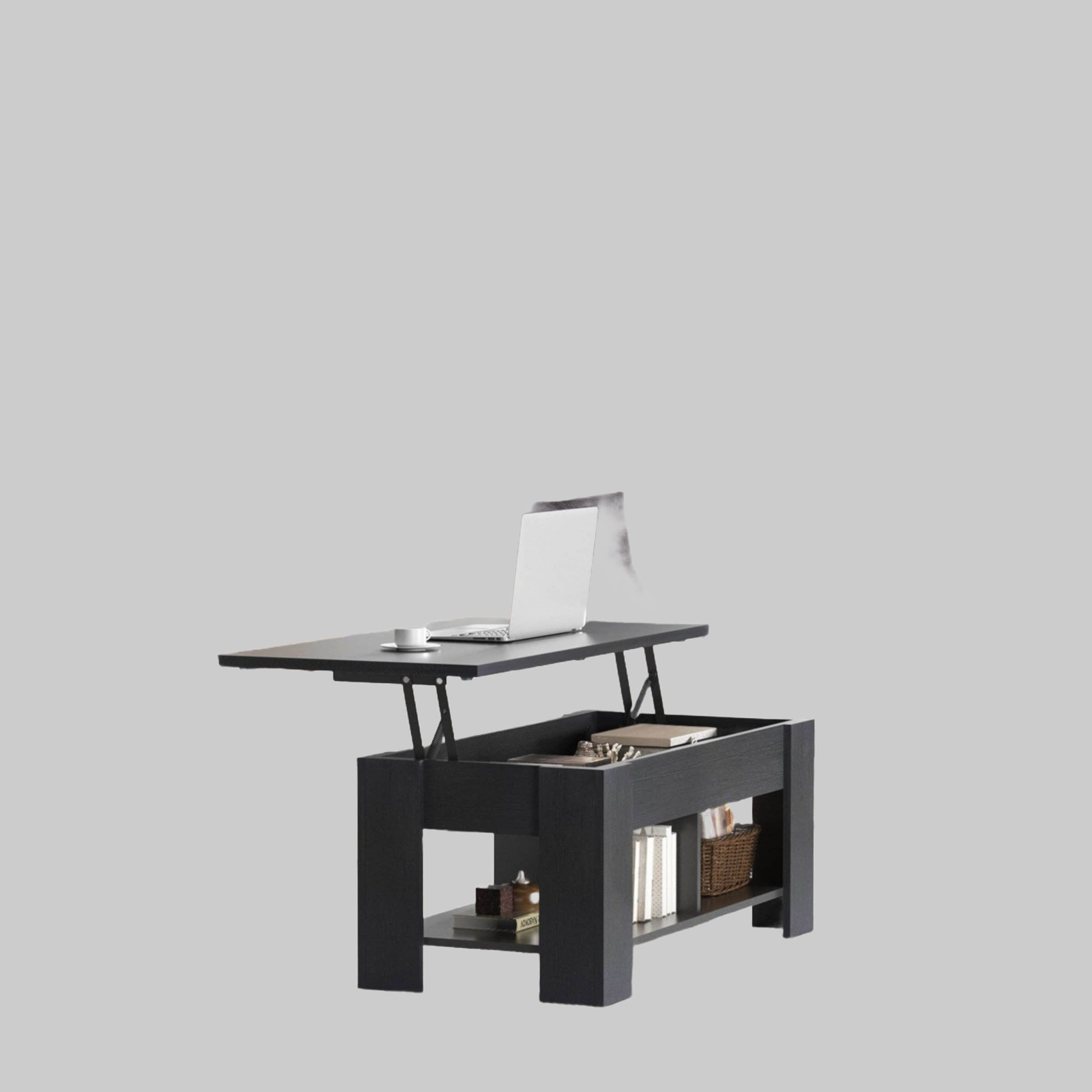 Totnz NOBLEWELL Lift-Top Couchtisch Modern - Höhenverstellbarer Ausziehtisch mit Stauraum & 2 Regalen | 120x60 cm | Schwarz | Multifunktional als Esstisch & Arbeitstisch Schwarz Tische