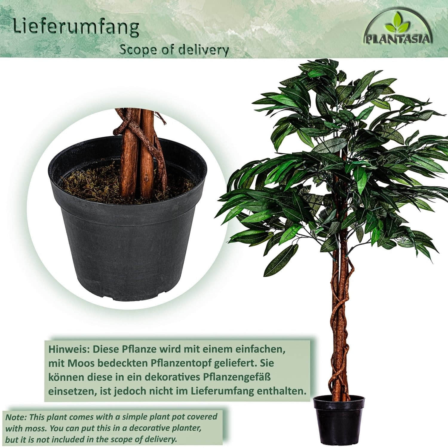 Dekoration PLANTASIA PLANTASIA Künstlicher Mangobaum 120cm/180cm | Kunstpflanze mit Echtholzstamm | Dekobaum mit Naturlook | UV-beständige Textilfaser-Blätter | Inkl. zementiertem Pflanztopf